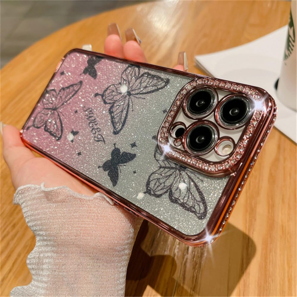 Coque papillon silicone transparente pour iPhone 14 Pro Max et 11 avec strass rose - 7
