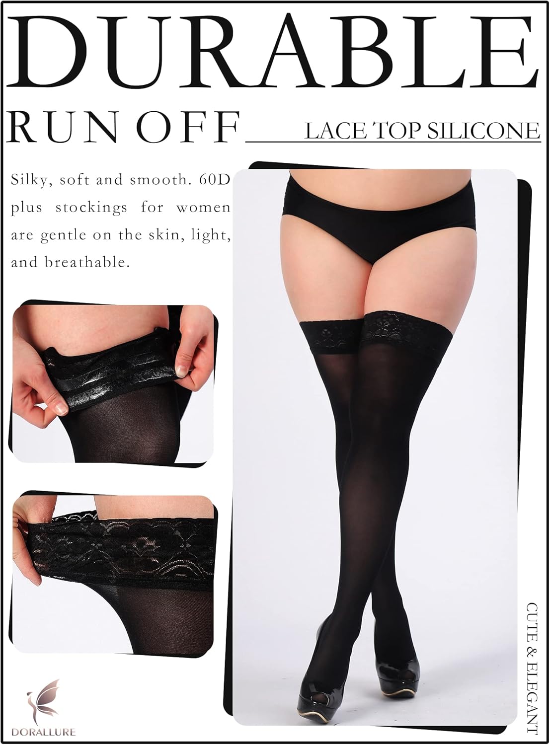 DORALLURE Plus Size Thigh High Stockings Silicone Lace Top Stay Up Silky Pantyhose for Women Hold Up Nylon - Image 3