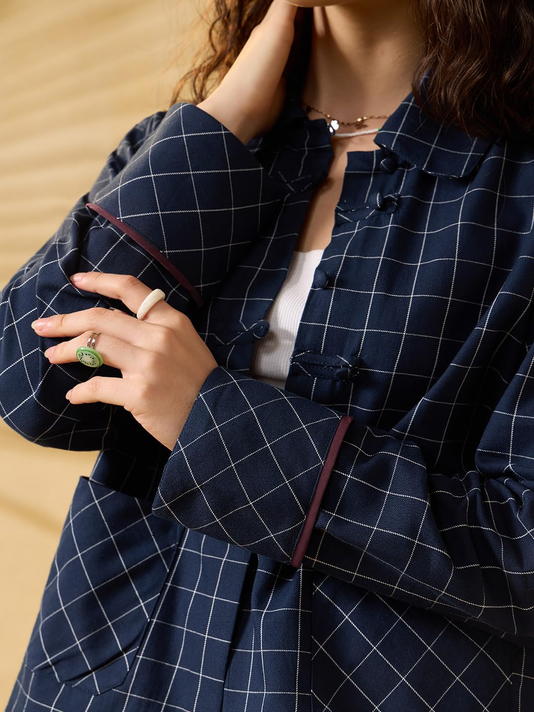 The Souled Store Camicia orientale: camicia da donna e ragazza, maniche lunghe, colletto scozzese, in cotone, vestibilità oversize, con bottoni a rana, casual, per tutti i giorni