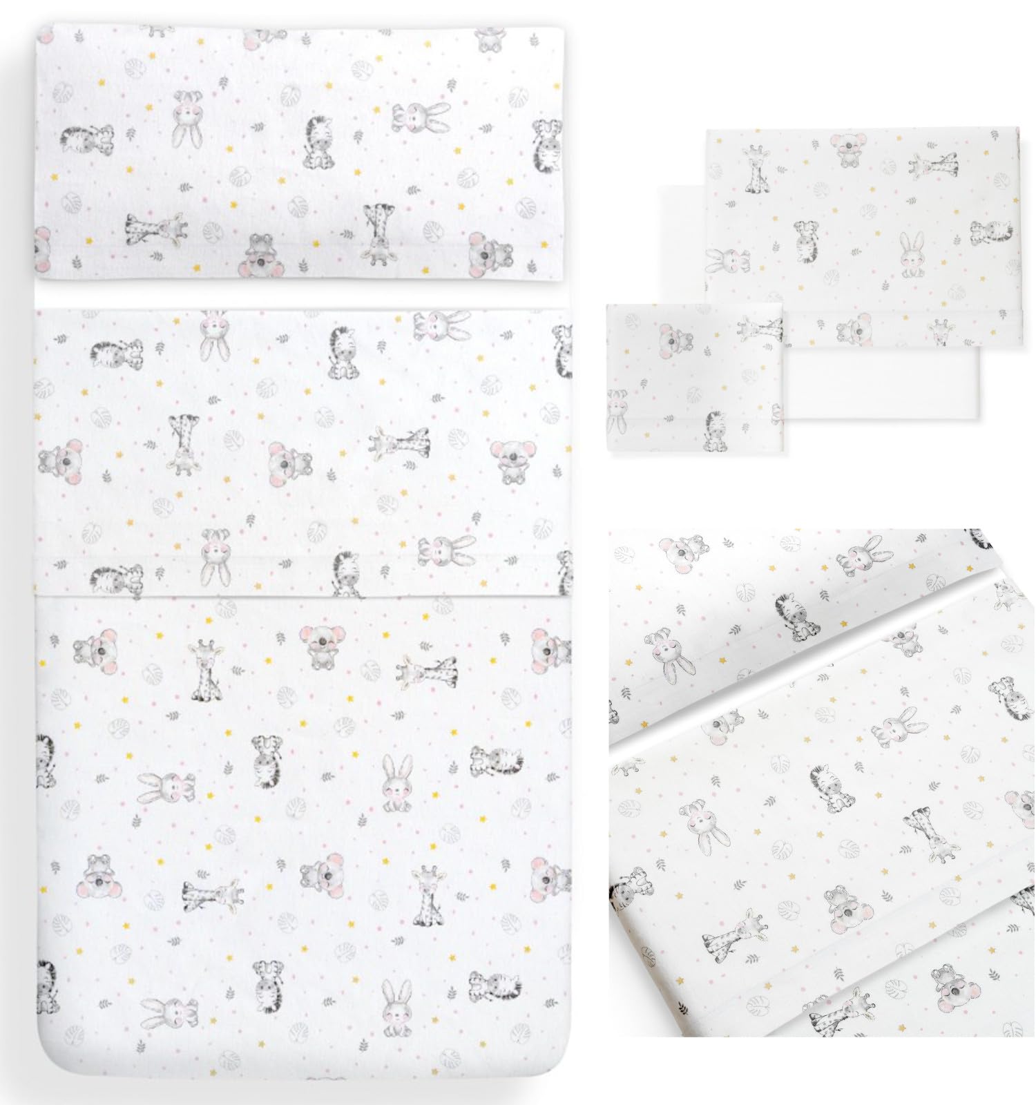 Sábanas Cochecito, Capazo, Carrito medidas compatibles 80x40cm/ 75x35cm/ 75x33cm/ 72x32cm Conjunto 3 Piezas, Franela 100% Algodón, Ideal Otoño e Invierno, Koala Blanco/Rosa - Hecho en España