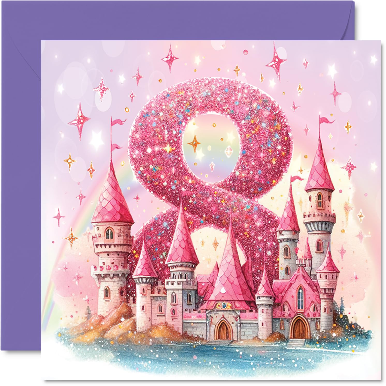 8th Birthday Cards for Girls, Fairy Princess Castle