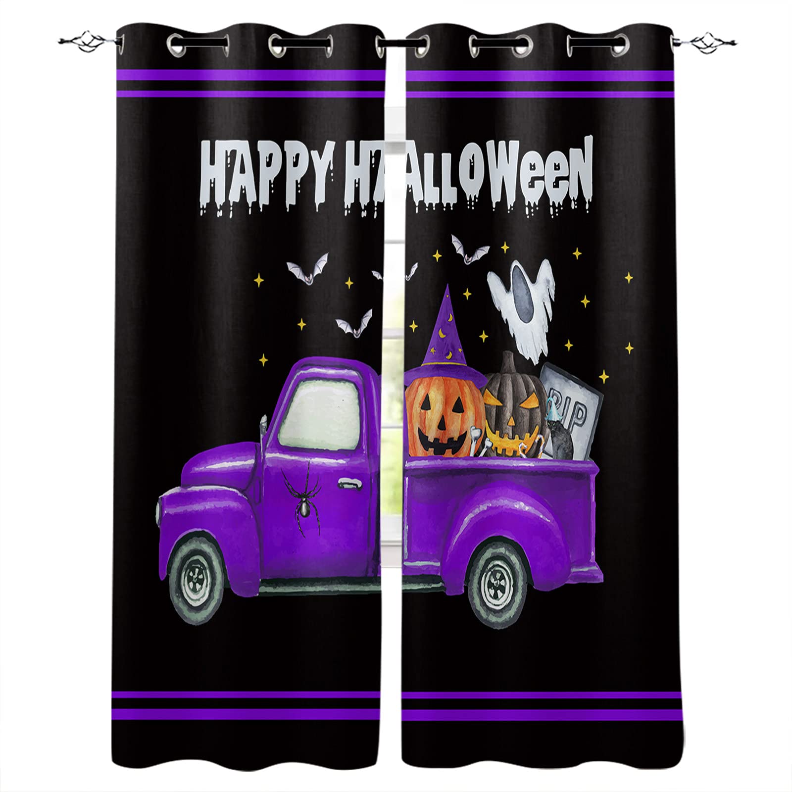 2 Rideaux Occultants Halloween 140x210 Cm - Motif Château Citrouille Forêt - Isolation Thermique Et Phonique - Oeillets