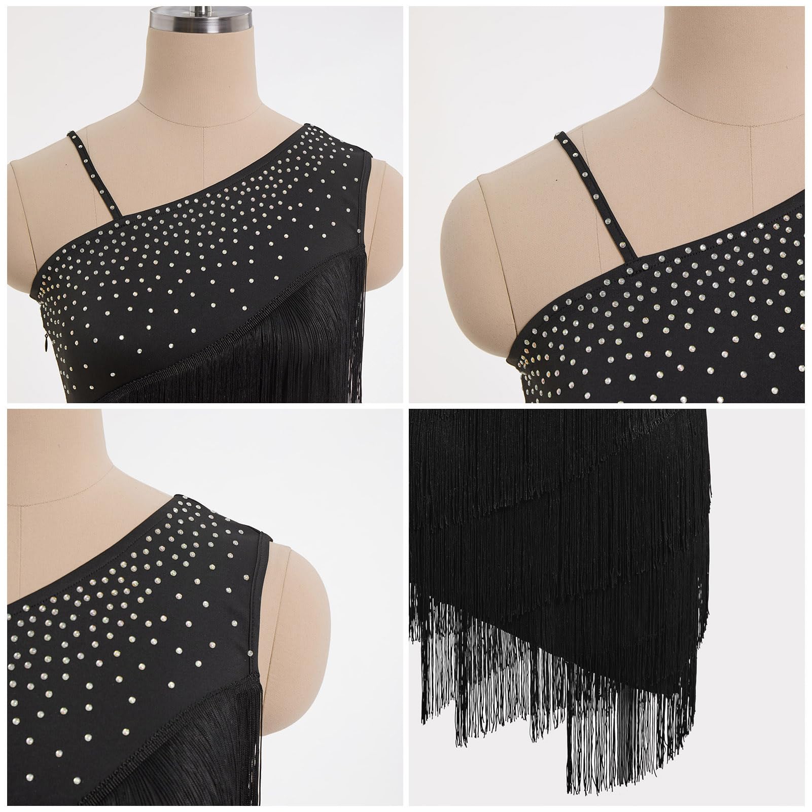 Damen Asymmetrisch Eine Schulter Strass Fransen Latin Dance Kleid 1920s Pailletten Quaste Flapper Kleider Salsa Cha-Cha Ballroom Dance Kostüm