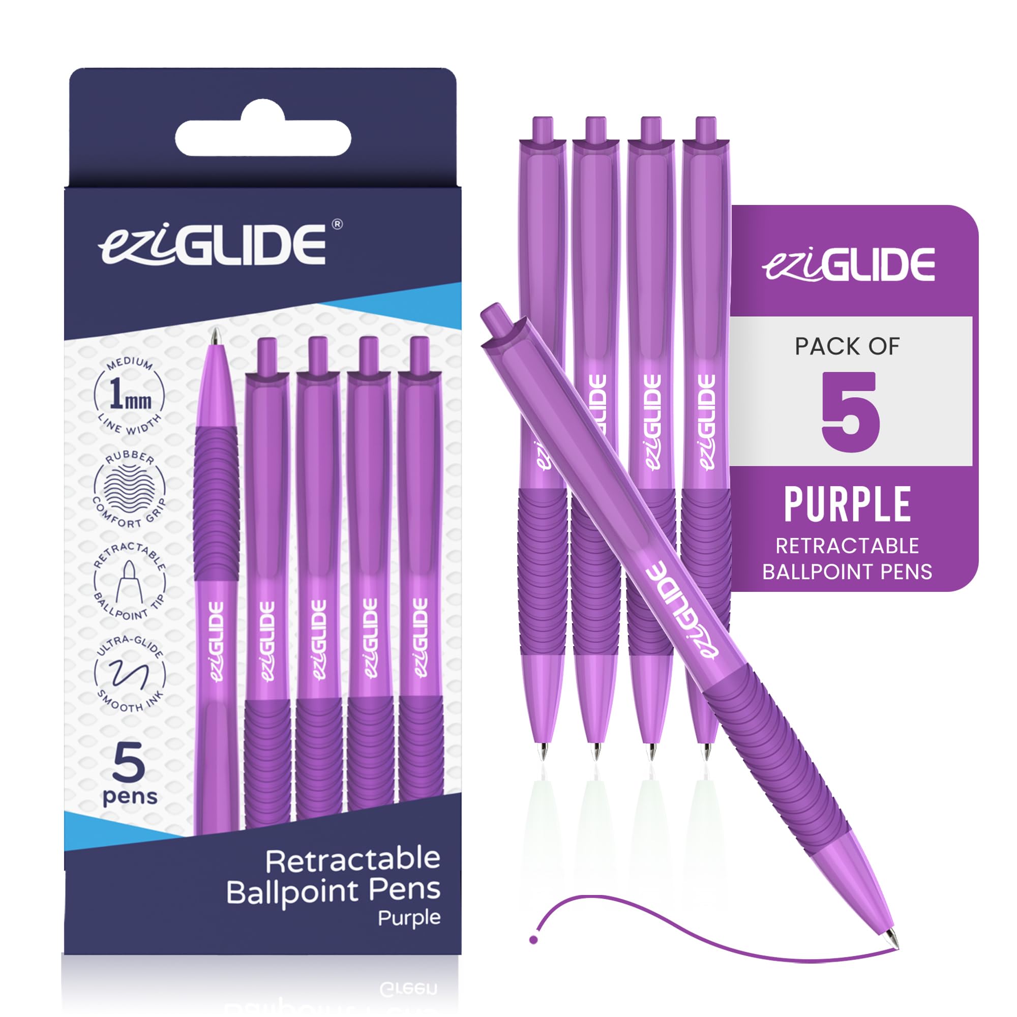 Eziglide Retractable Ballpoint Pens, Pack of 5 Pens Purple Ink, Smooth Writing Ballpoint Pens for Writing, Note-Taking & Everyday Use, Great for Office, School & Home