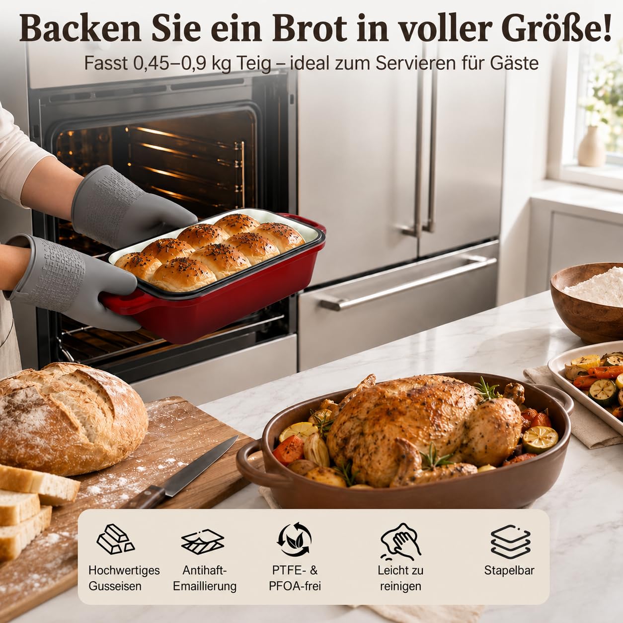 Gusseisen Brotbackform mit Deckel 2 in 1 Emailliert Brotbacktopf Dutch-Oven | 2 L Rechteckige Gusseisen Topf mit Silikon-Griffüberzügen für die Küche zum Backen zu Hause Kasten Sauerteig, Rot, 21 x 11cm