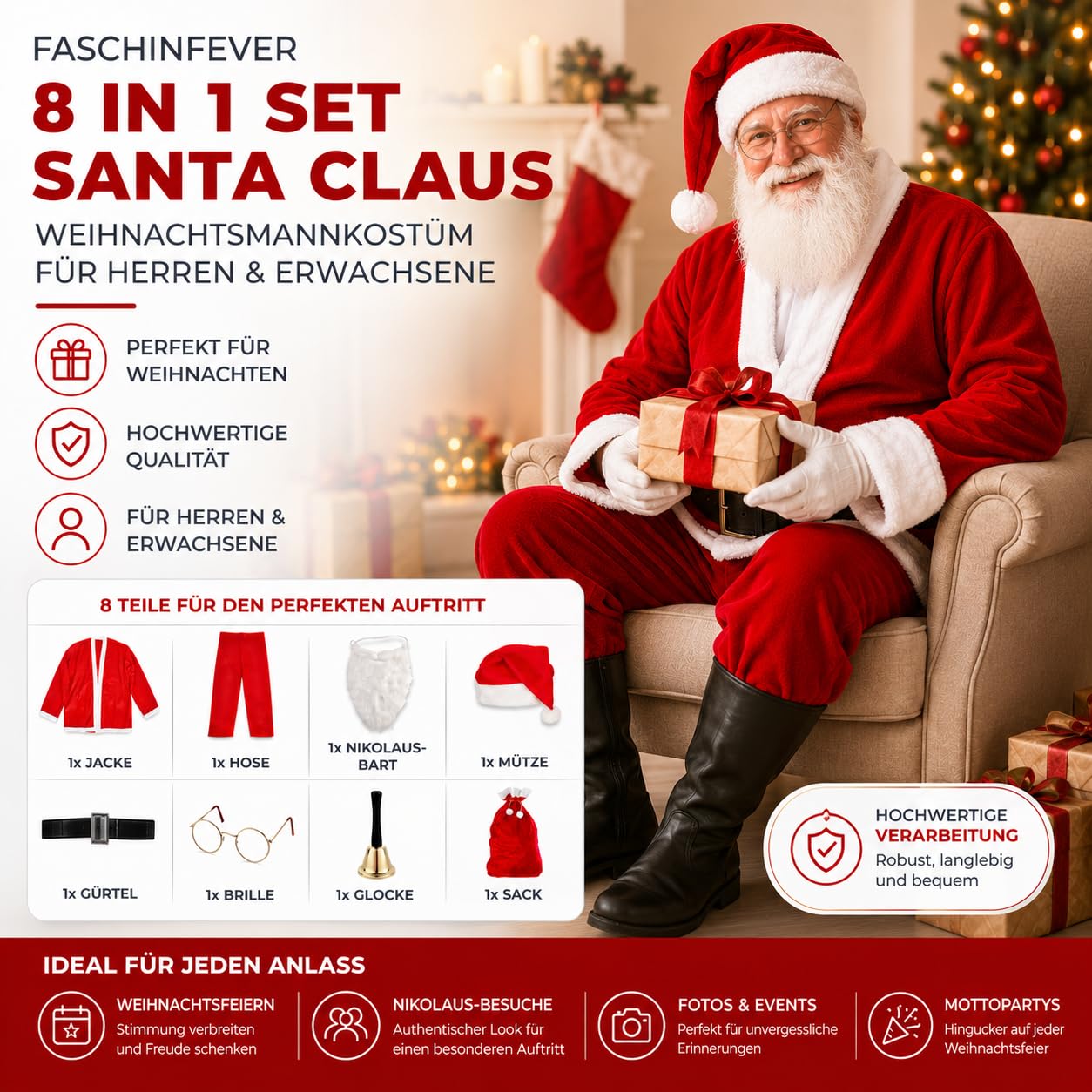 8 in 1 Set Weihnachtsmannkostüm & Nikolauskostüm - Santa Costume - für Weihnachten - Kostüm für Nikolaus - Weihnachtsmann - Santa Claus - Herren & Erwachsene