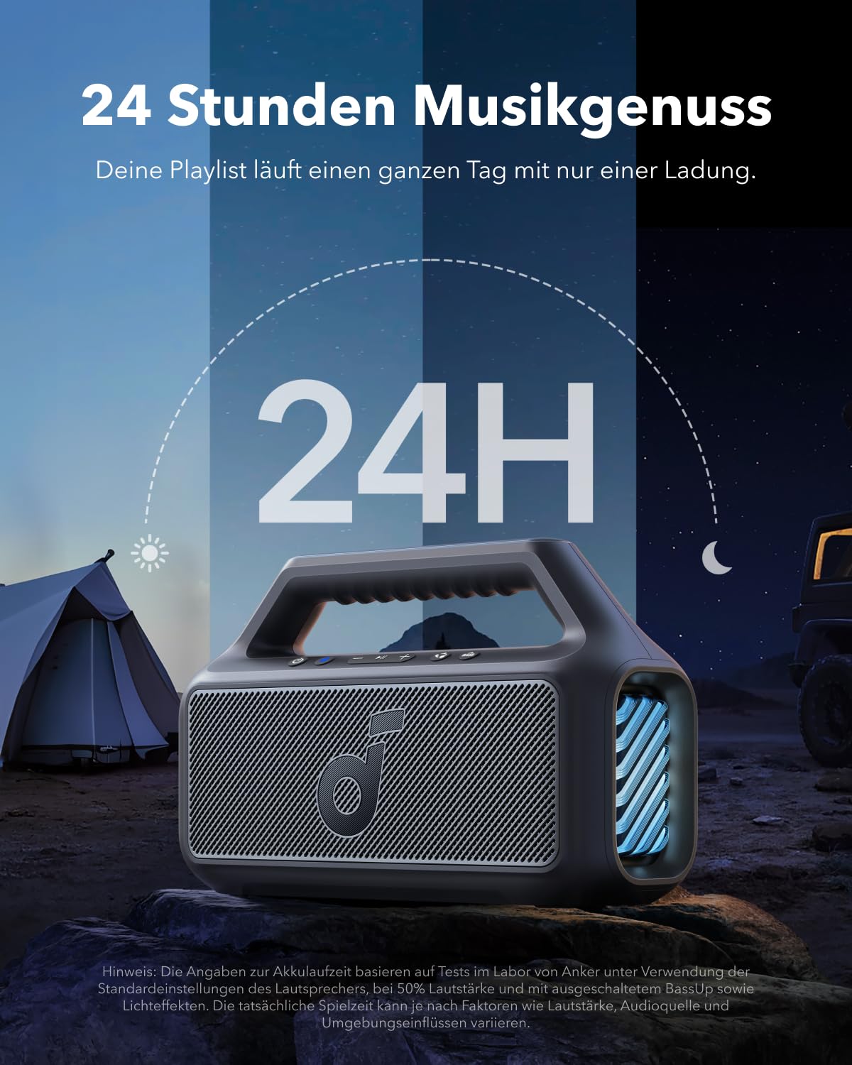 soundcore by Anker, Boom 2 Outdoor-Lautsprecher, 80W, Subwoofer, BassUp 2.0, 24h Akku, IPX7 Wasserdicht & Schwimmt, LED-Licht, USB-C, EQ, BT 5.3, Mobiler Bluetooth-Speaker, Camping, Strand, Garten