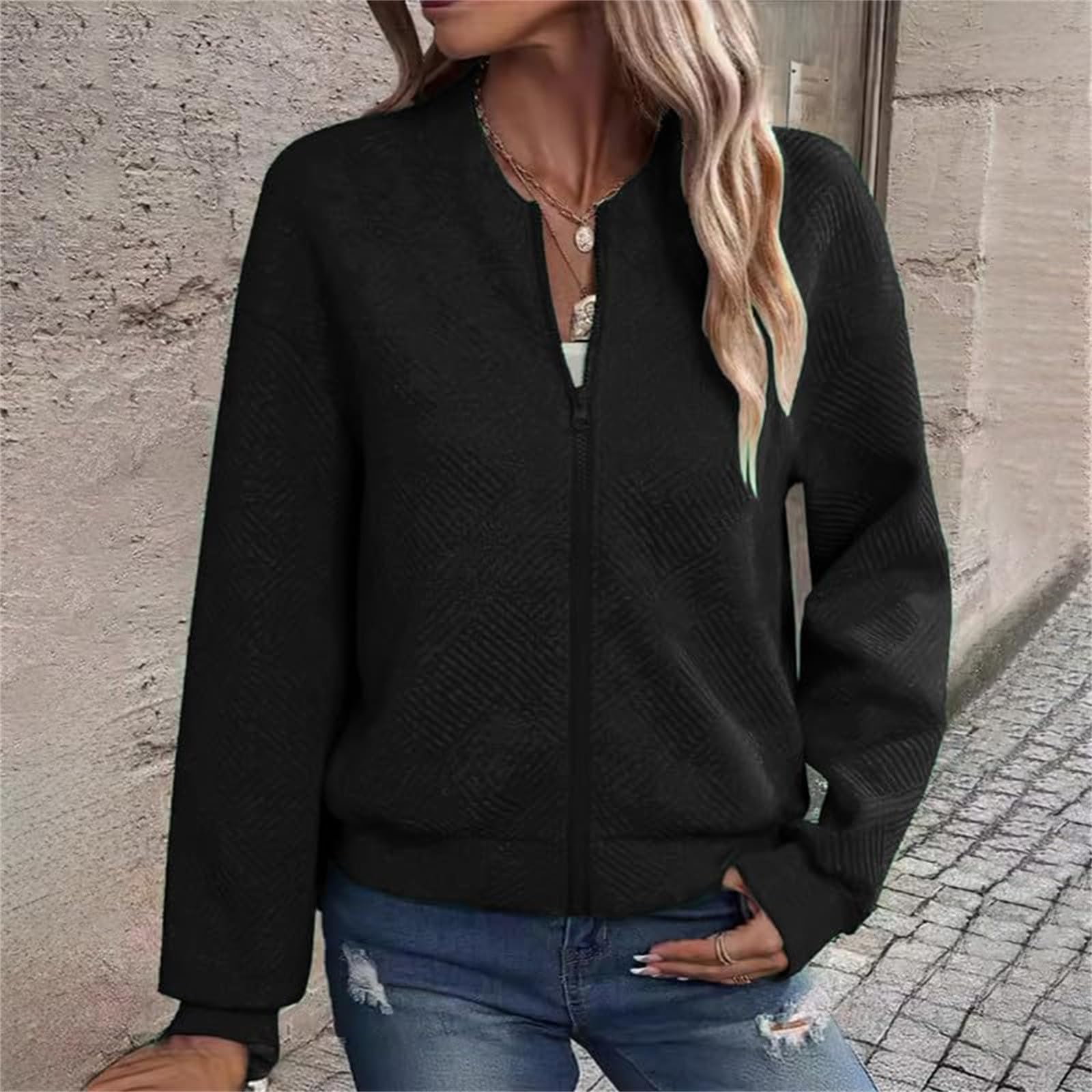 YAOJIWANG Femme Veste de Pilote Courte Veste D'été Légère à Fermeture éclair Blouson Couleur unie pour Femmes Vestes Fine à Manches Longues Vêtements de Décontractées Vêtement Sport Zippée Légère