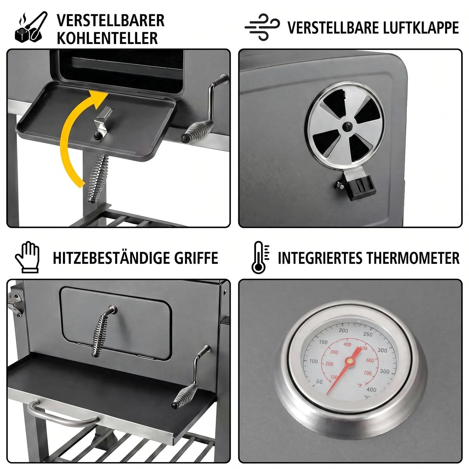 TLGREEN Holzkohlegrill mit Deckel, Thermometer, 2 Räder, Emaille & Verchromtes Grillrost, Aschekasten Holzkohle, Höhenverstellbar Grillwagen, 124x56x140cm, BBQ Smoker für Garten, Camping, Grau