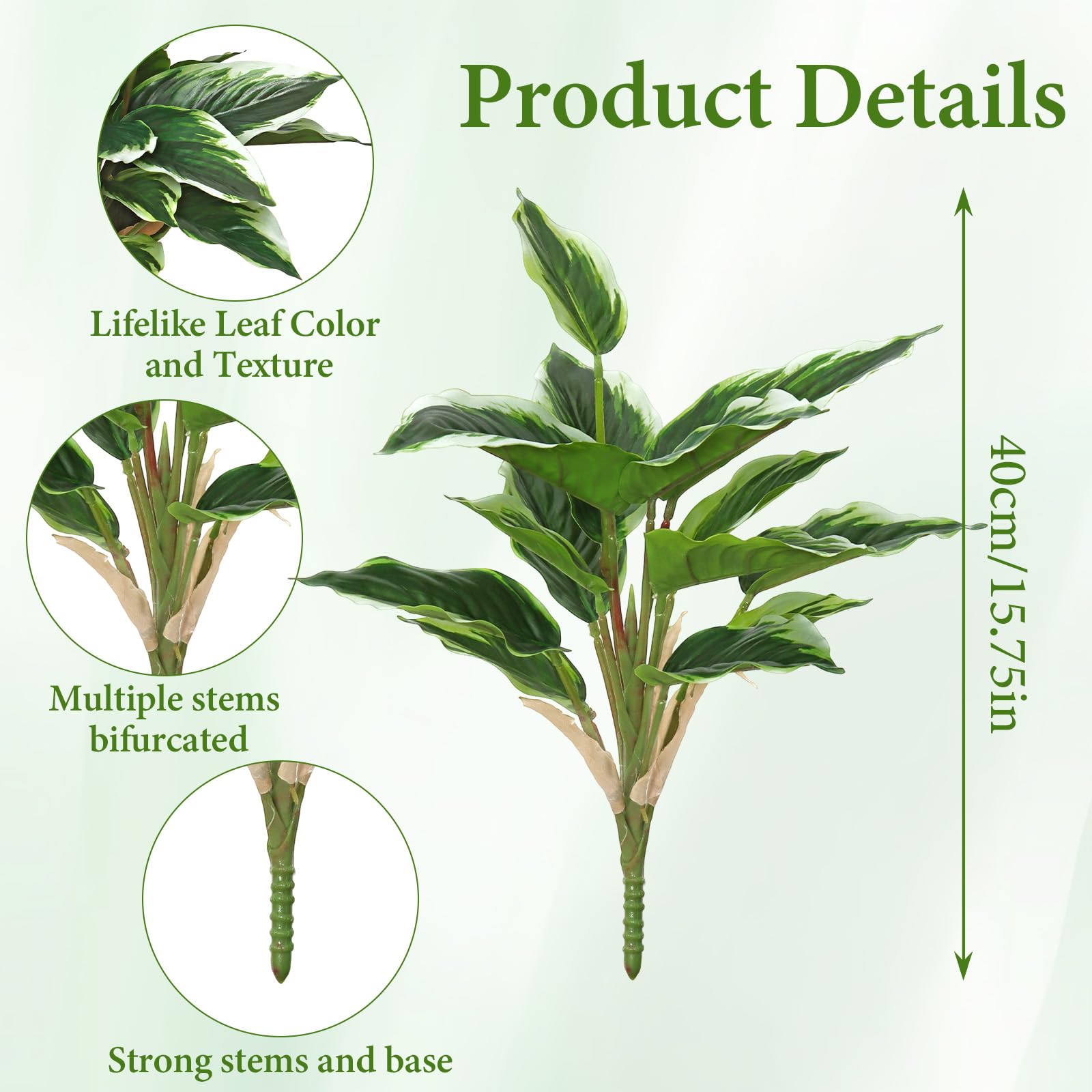 8 bastoni Piante verdi tropicali artificiali, 40 cm, per esterni | resistenti ai raggi UV, steli di foglie verdi artificiali per veranda, balcone, vaso da giardino, decorazione per interni