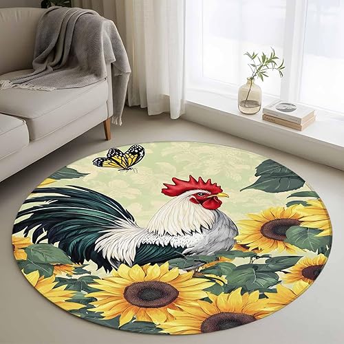 3.3ft Round Rug, Sunflower Rooster Non-Skid Rubber Backing Large Area Rugs - Living Room Bedroom Home Office, Retro Watercolor Summer Floral Indoor