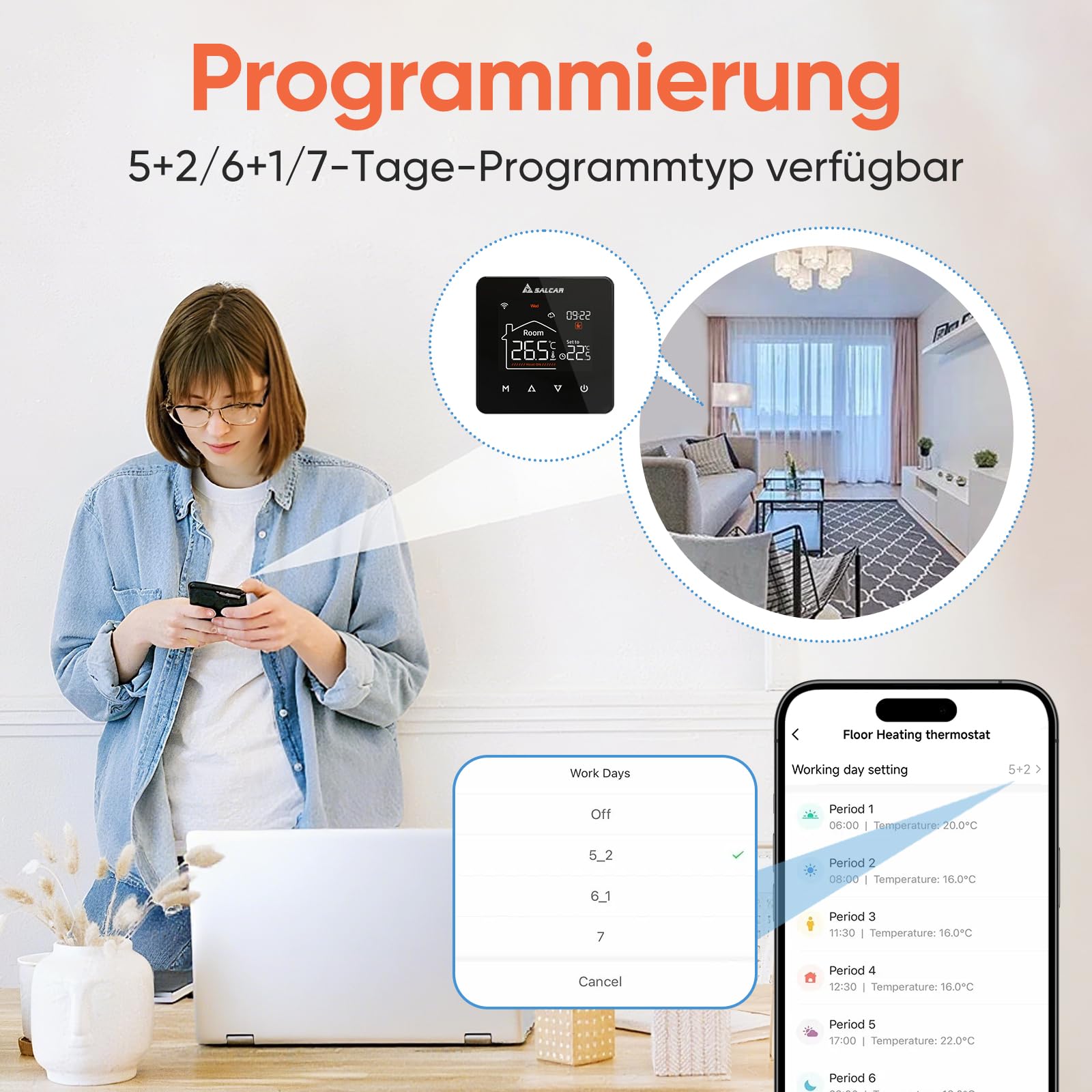 SALCAR, termostato WiFi per riscaldamento intelligente, per riscaldamento a pavimento e acqua, programmabile, LCD, termostato ambiente, per caldaia, con WLAN, termostati per riscaldamento digitali
