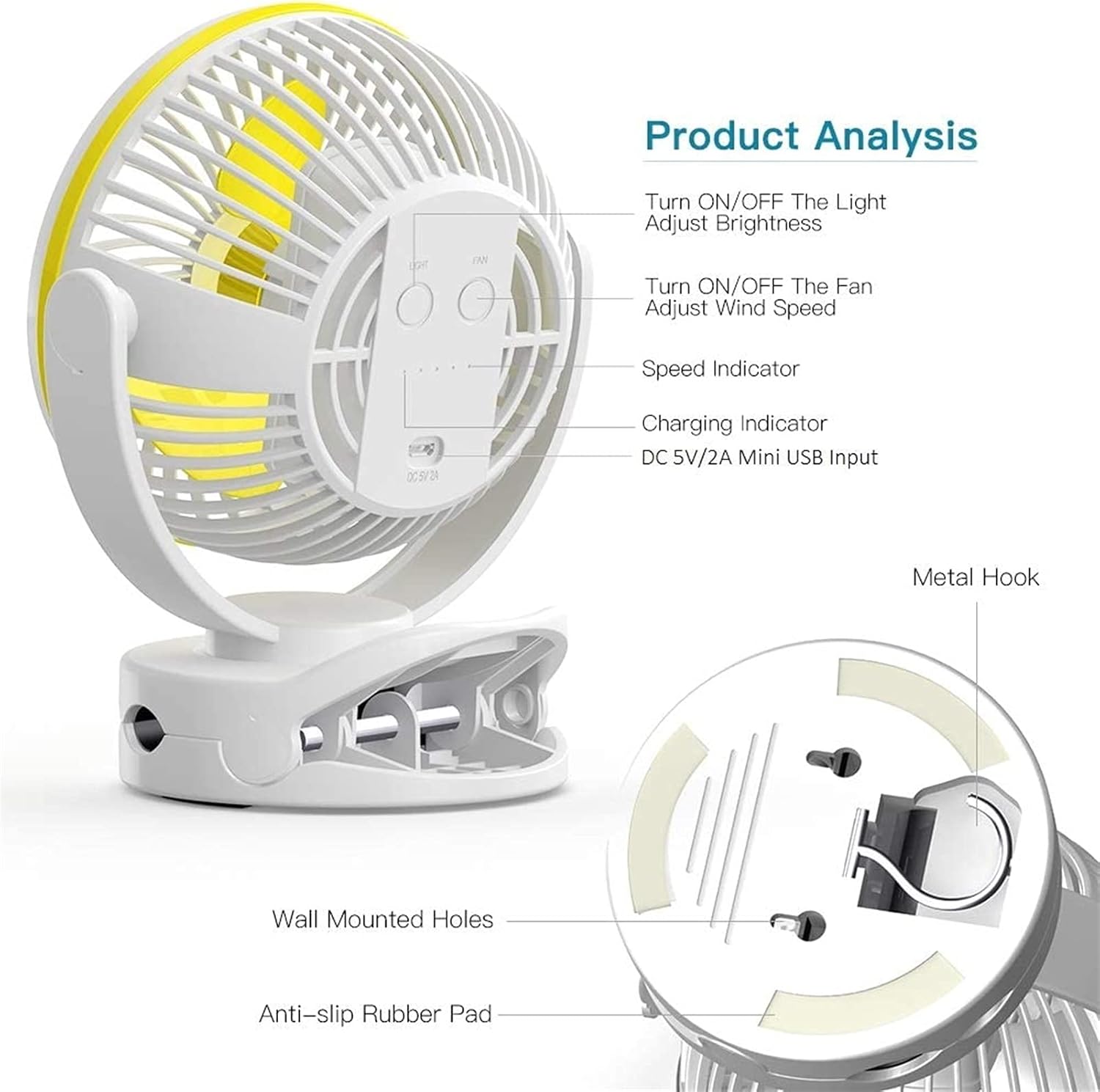 BENHAI USB Clip on Fan, Portable Mini Desk Fan 360° Rotation Angle Table Fan 4 Speeds USB Fan for for Home Bed Office Outdoor Travel (White)