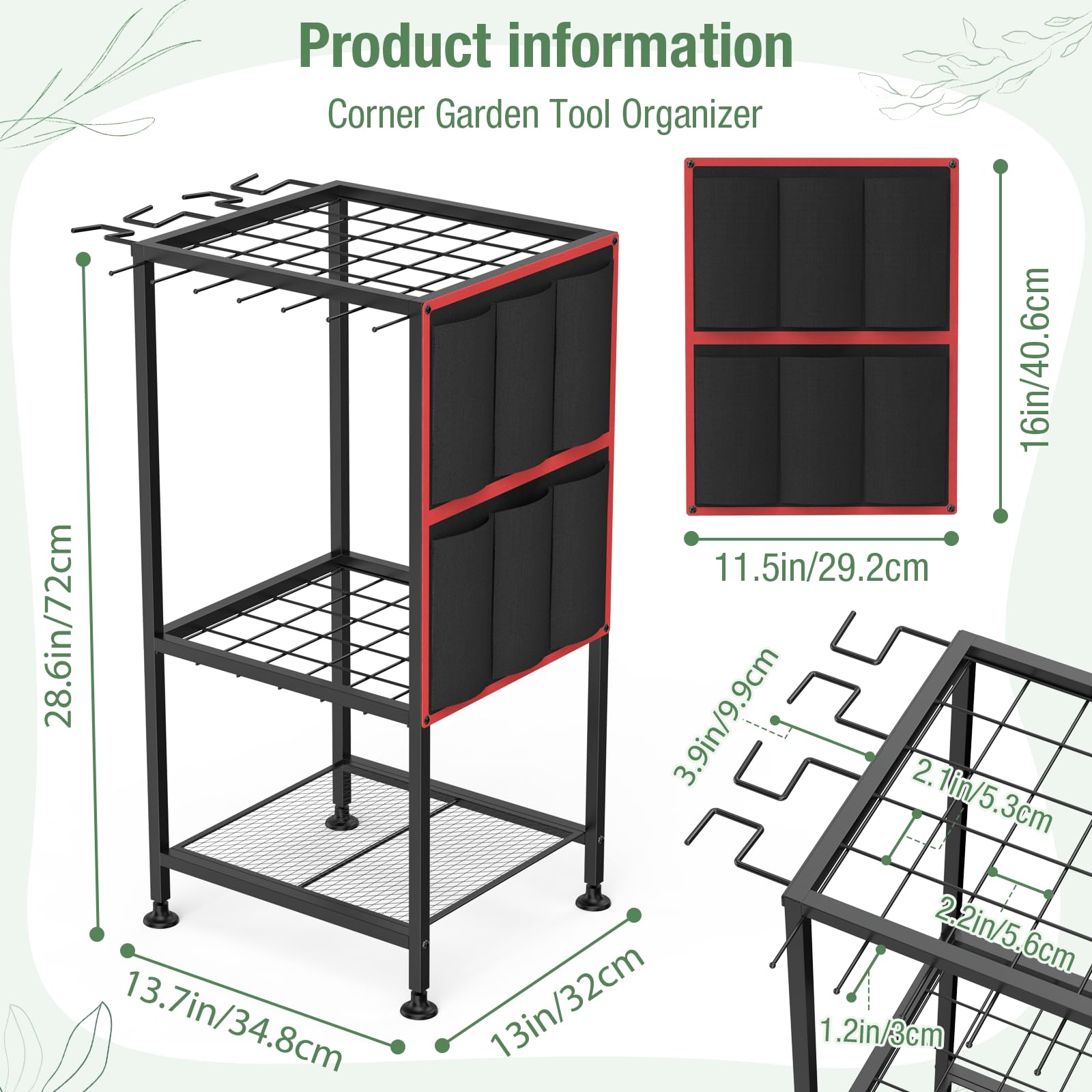 Garden Tool Organizer,Metal Yard Tool Organizer ,Holds 50 Long-Handled Tools/Rakes/Brooms,Side Garden Pocket ,Heavy Duty Steel Yard Tool Storage Rack for Garage,Shed, Outdoor
