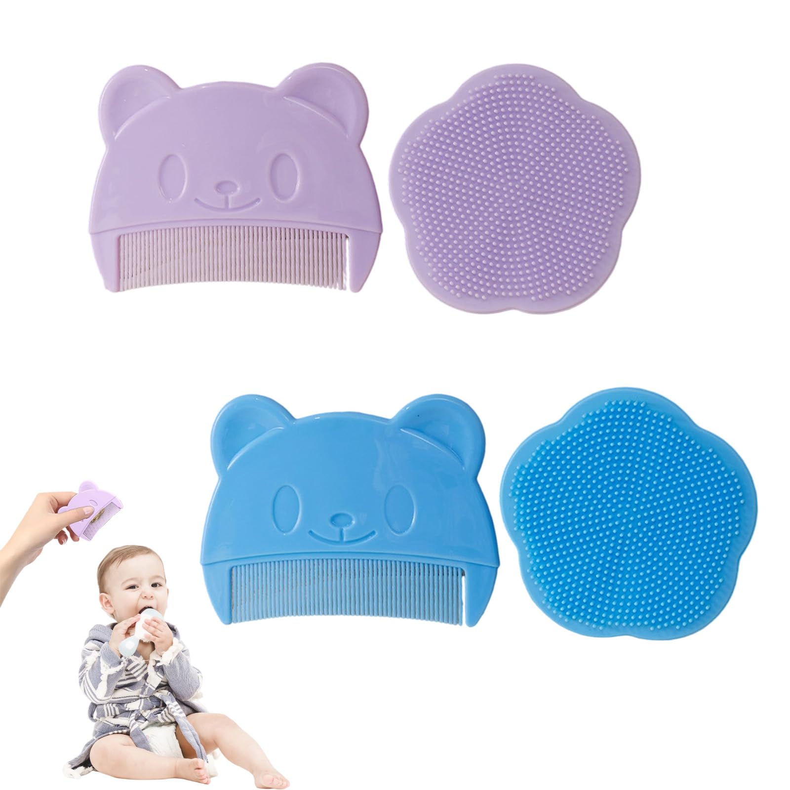 2Pcs Cute Bear Shape Cradle Cap Comb and 2 Pcs Flower Shampoo Baby Cradle Cap Brush for Newborn Essentials Bath Time Cleaning