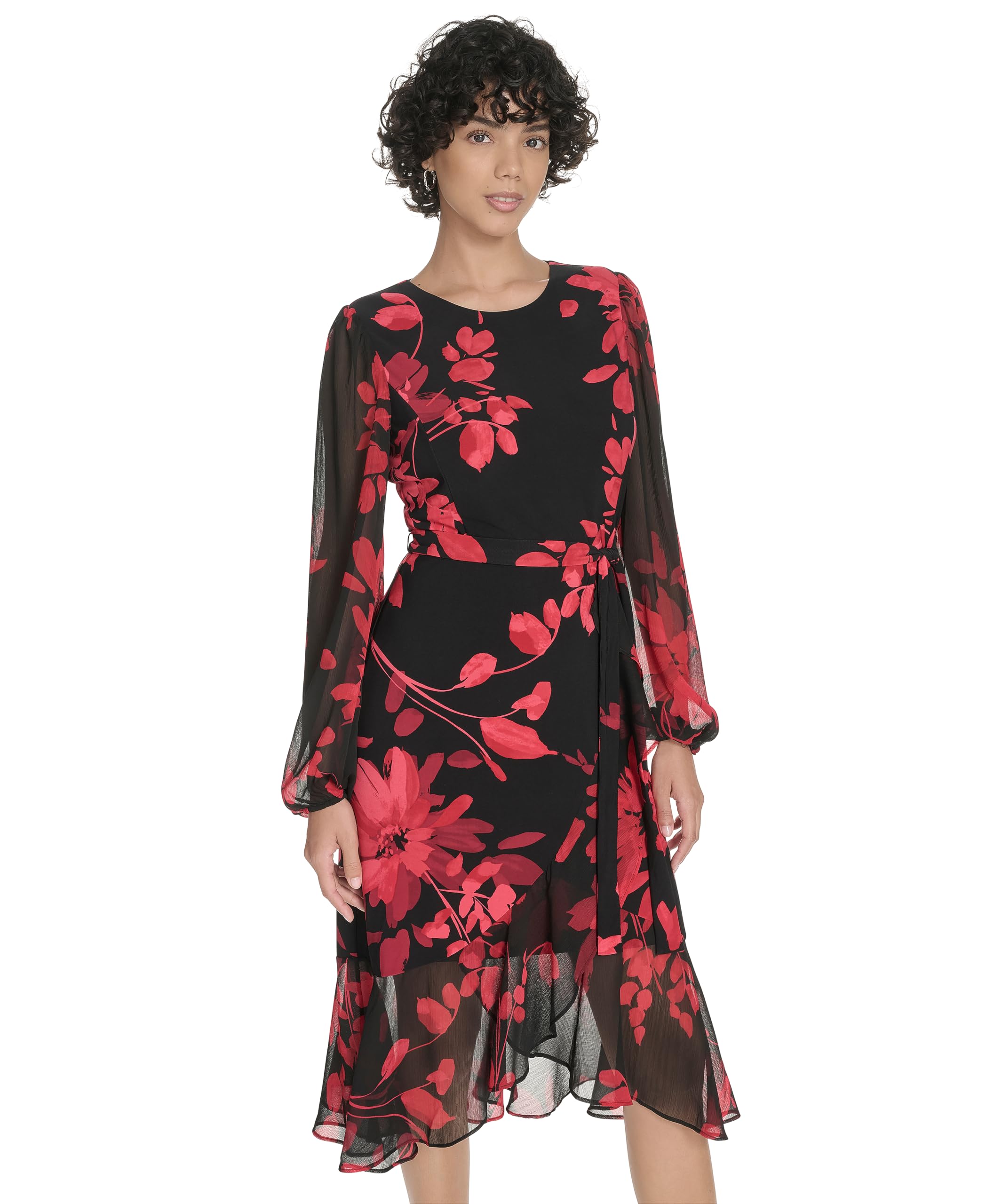 Tommy Hilfiger Womens Long Sleeves Flutter Hem Self Tie Midi Dress