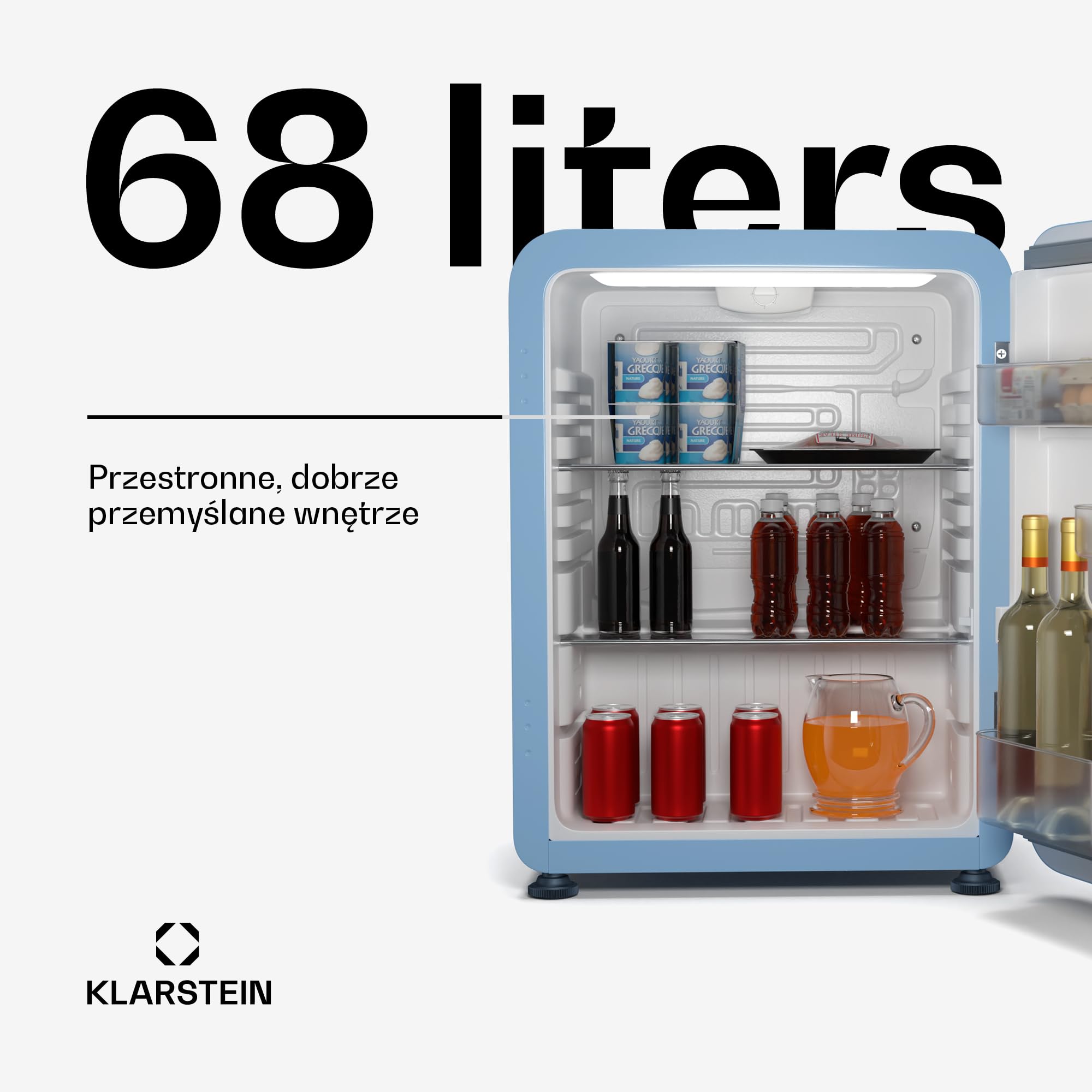 Klarstein Audrey Evo 68L Retro mini lodówka - Cicha 40 dB, Kompaktowa mała lodówka z regulowanymi nóżkami, Drzwi dwustronne, Termostat mechaniczny, Niebieska, Idealna do sypialni i biur