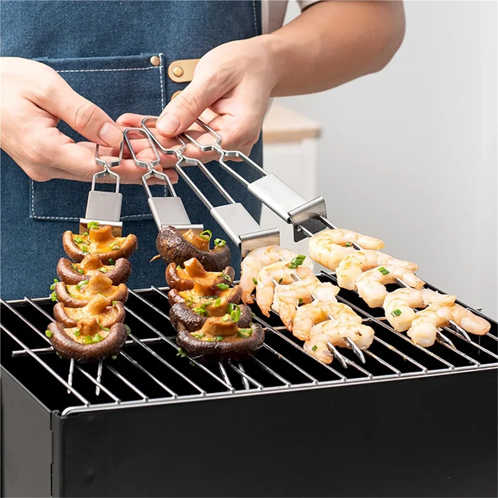 6Pcs Barbecue Grill Forchetta In Acciaio Inox Semi-Automatico Doppia Testa Spiedini In Metallo Portatile BBQ Campeggio Picnic Grilling