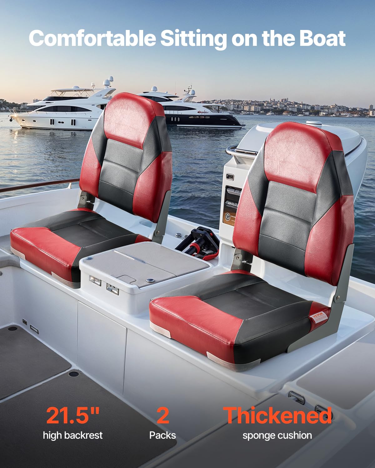 VEVOR Sedile per Barca Yacht Schienale Alto, Sedile Pieghevole per Barca Cuscino in Spugna Ispessita Pelle in PVC Impermeabile, Cerniere in Lega di Alluminio, Sedile per Navi, Nero Rosso 2 Pz