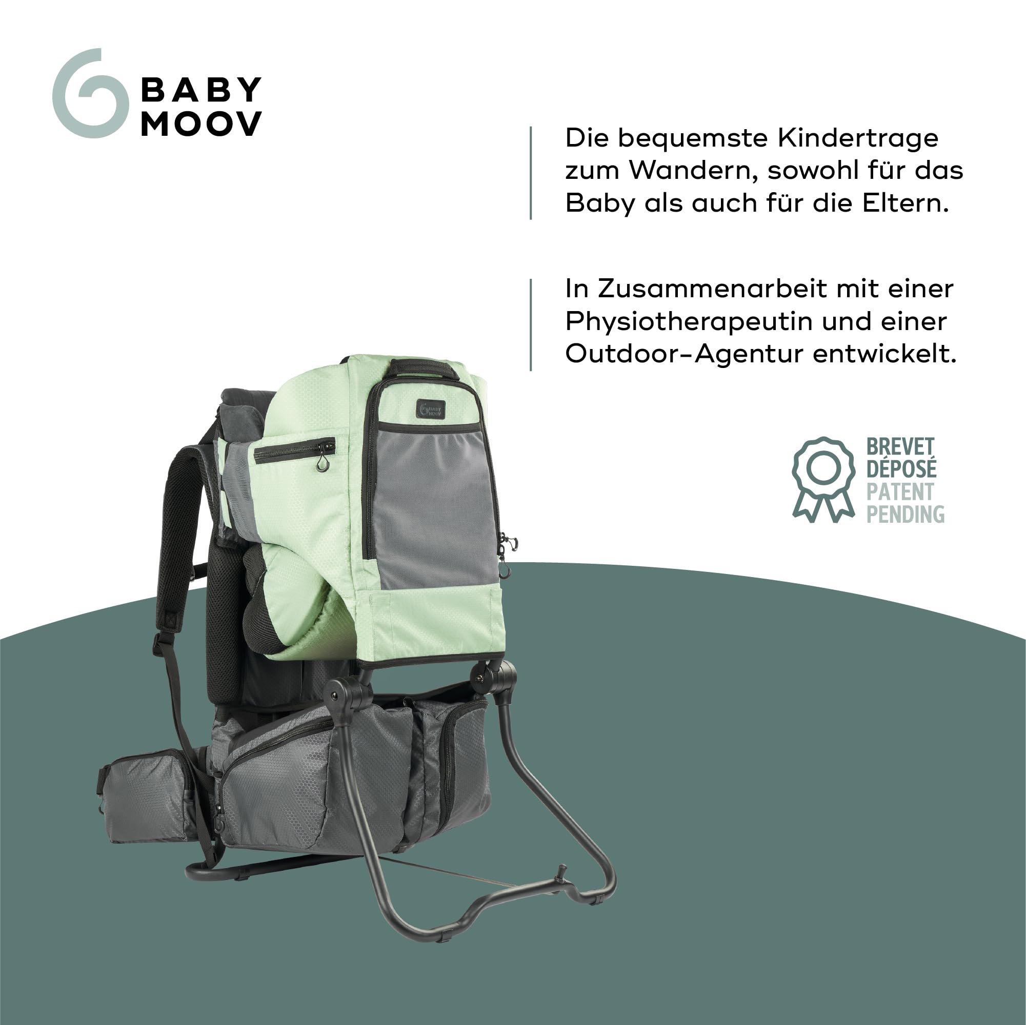 Babymoov Moov & Hike Kindertrage Wandern Kraxe Babys Kinder 18kg ergonomischer Physiohike®-Sitz Grün