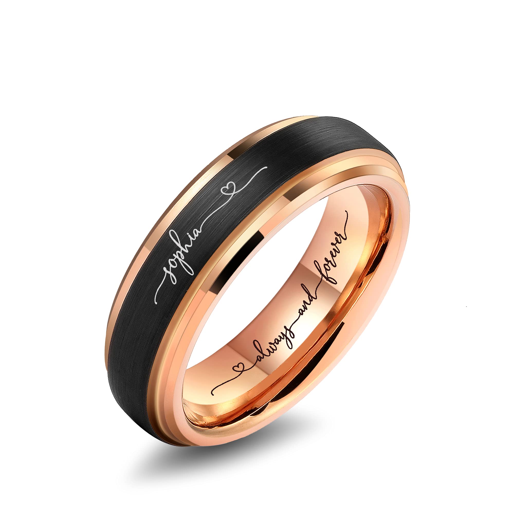 LerchPhi Custom Engraved Tungsten Ring, Personalized Valentine's Day Gift for Wife & Husband, 4/6/8MM Rose Gold Stepped Edge with Black Matte Satin