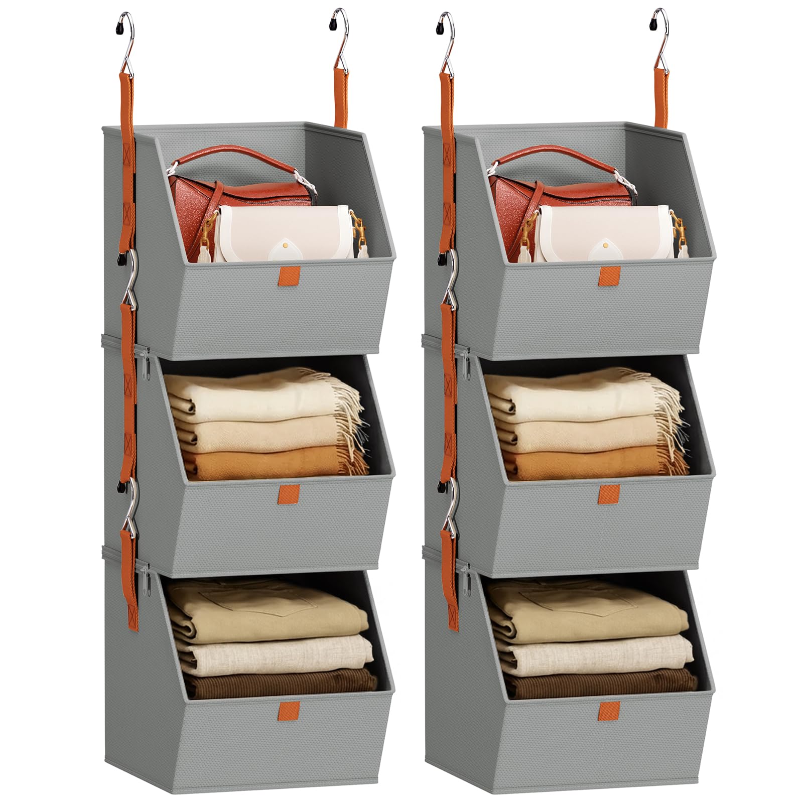 Homsorout Collapsible Hanging Closet Organizer - 6 Tier Closet Shelves Storage System with Hooks, Fabric Hanging Storage Bins for Clothes, Foldable Storage Basket for Laundry, Bedroom, Rv, Grey