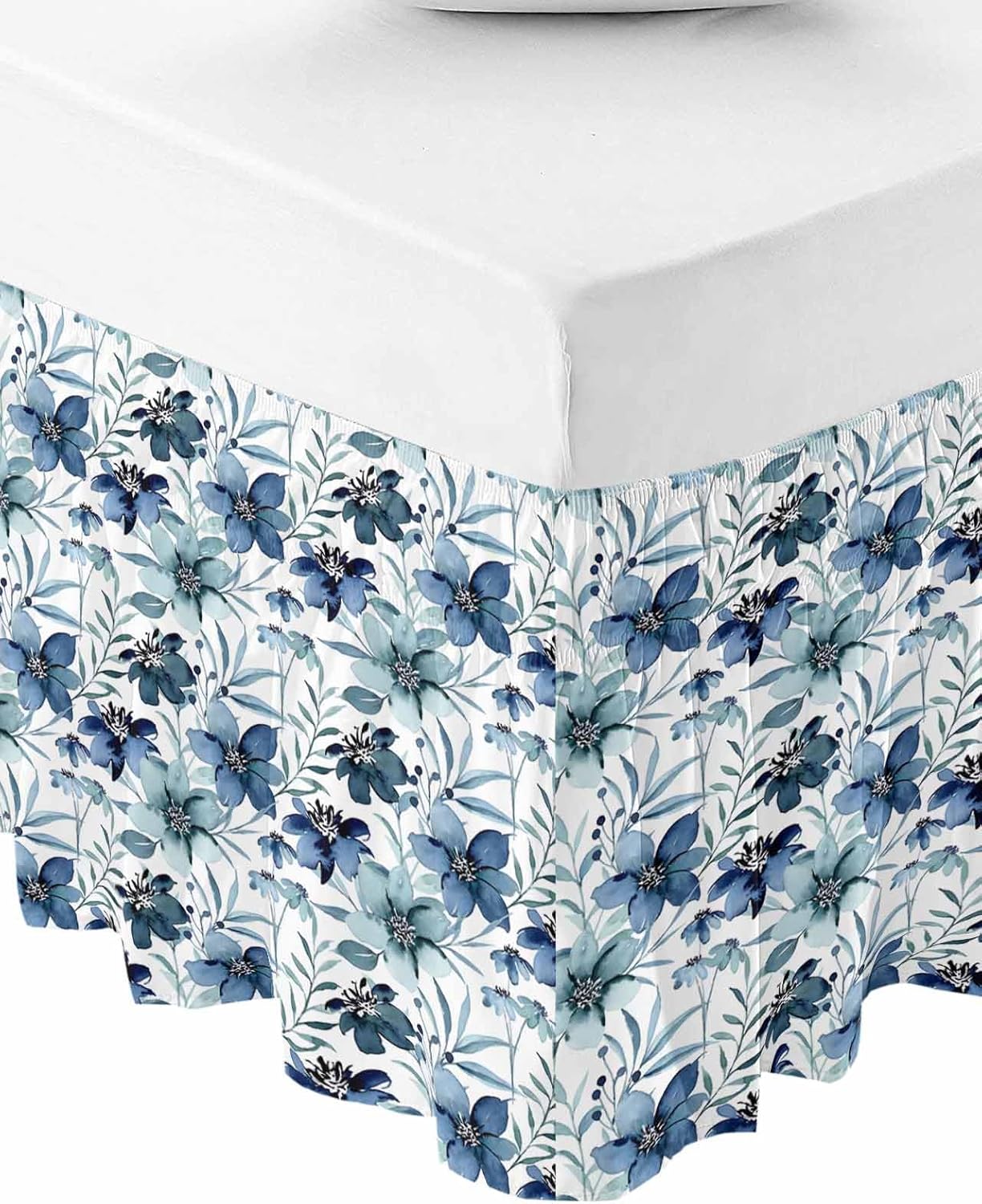 Lsrtoss Blue Teal Flowers Bed Skirt King Size 16 Inch Drop