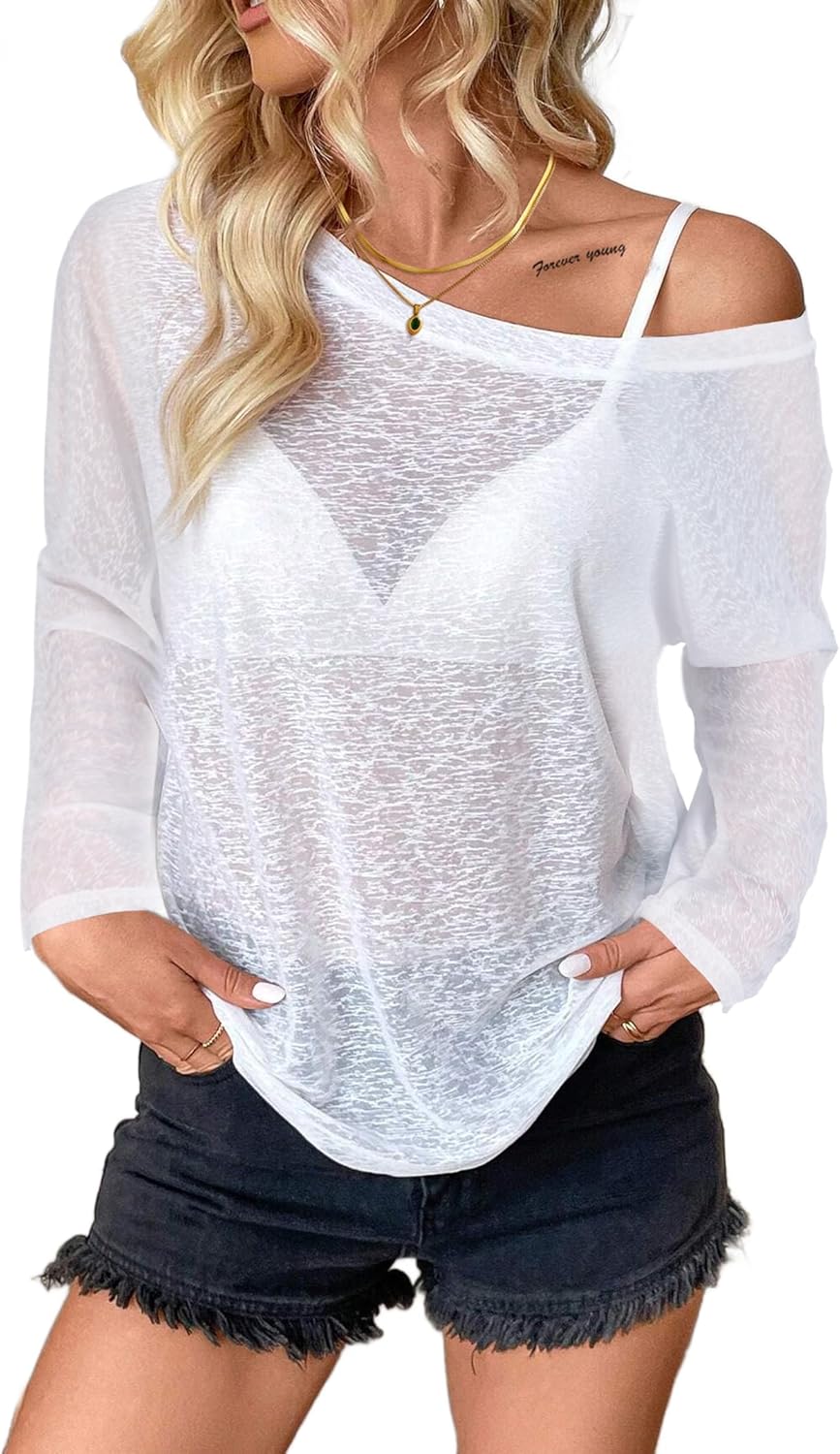 Hilinker Womens Sheer Mesh See Through T Shirt Sexy Long Sleeve Off Shoulder Tops