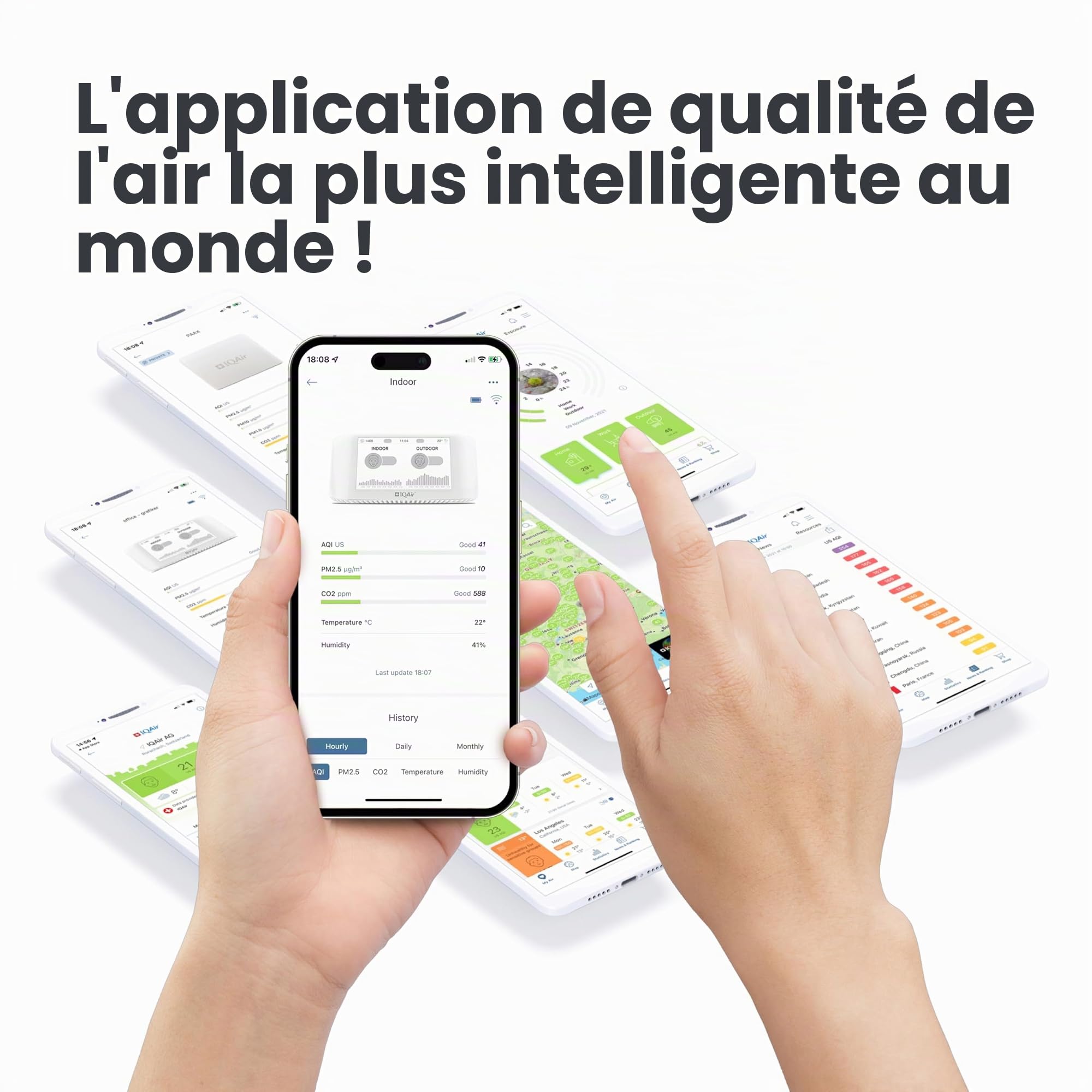 IQAir Moniteur de qualité de l'air intérieur [PM2.5, AQI, detecteur co2, testeur humidité, capteur CO2, capteur Temperature connecté], Air Quality Monitor [Wi-FI, WLAN, App, 5” Display (12.7 cm)]