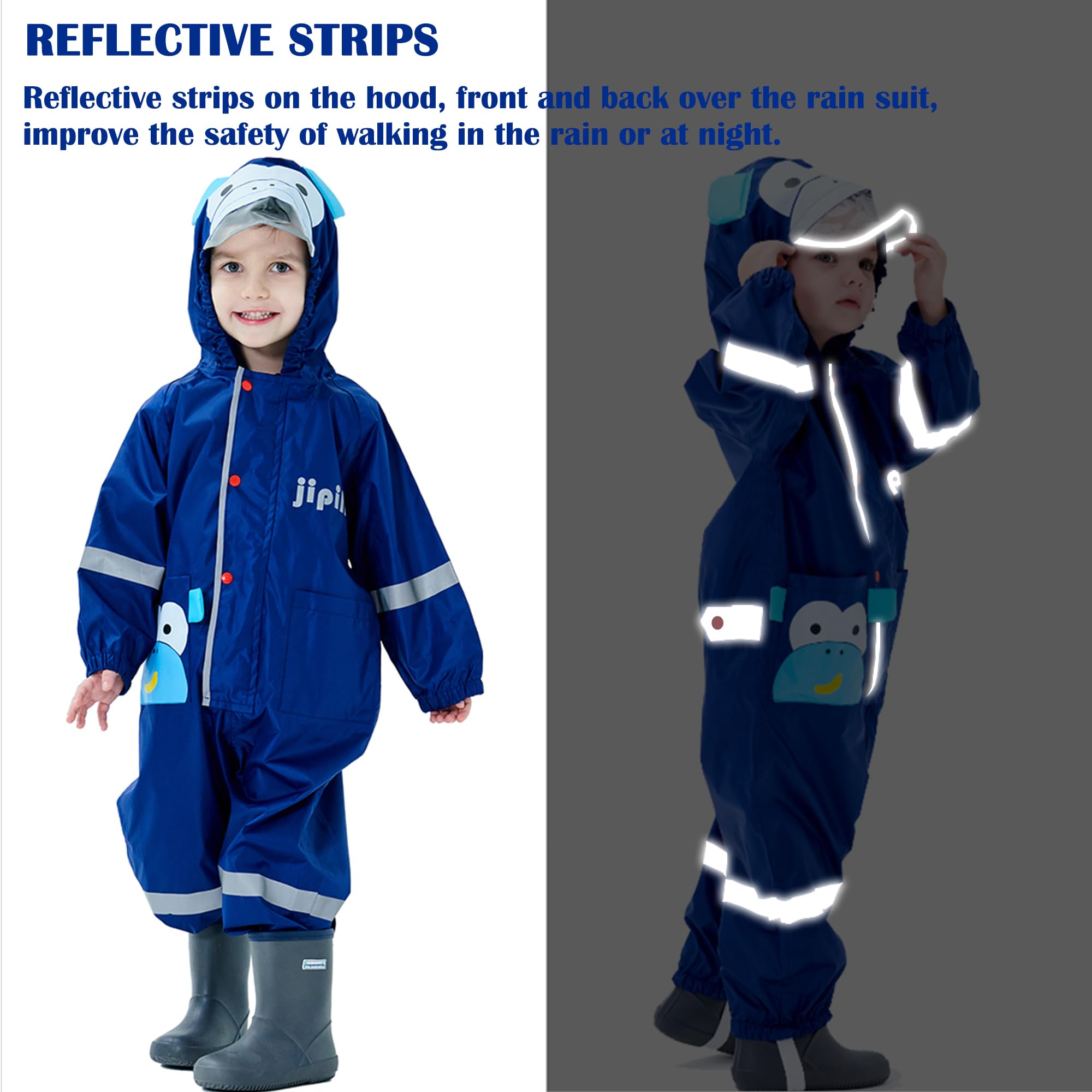 Combinaison de Pluie Enfant, Imperméable Garçon Fille Manteau de Pluie Veste à Capuche Poncho Léger Animal Imprimé Rayure Réfléchissante Outdoor Imperméables 1-10 Ans