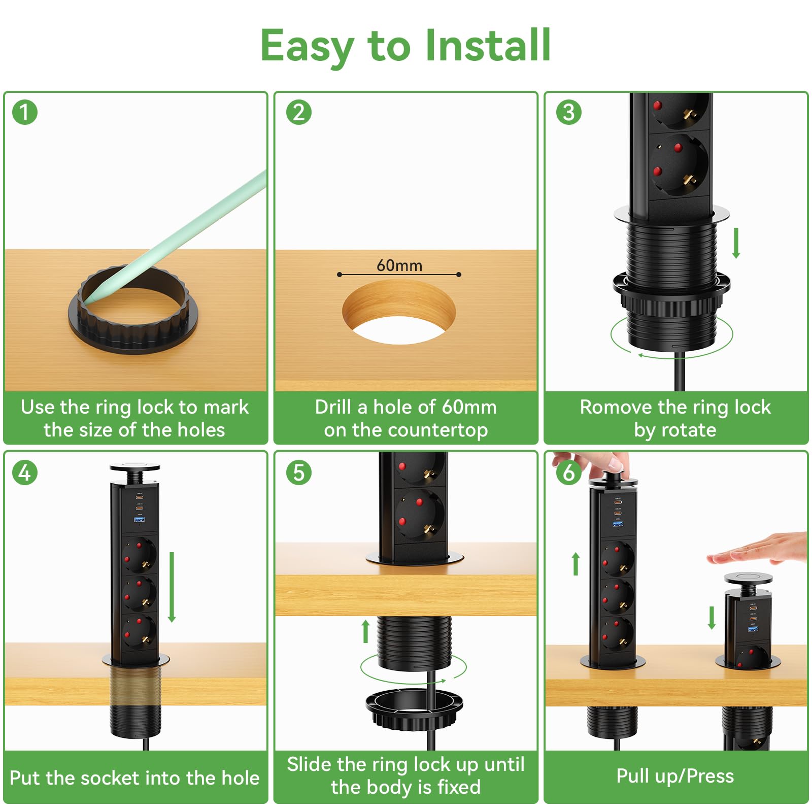 HANNELORE Presa da tavolo retrattile USB C, presa da tavolo a 3 vie con 2 USB, presa multipla integrata per piano di lavoro, ufficio, cucina, officina, cavo da 1,8 m, 4000 W/16 A, nero