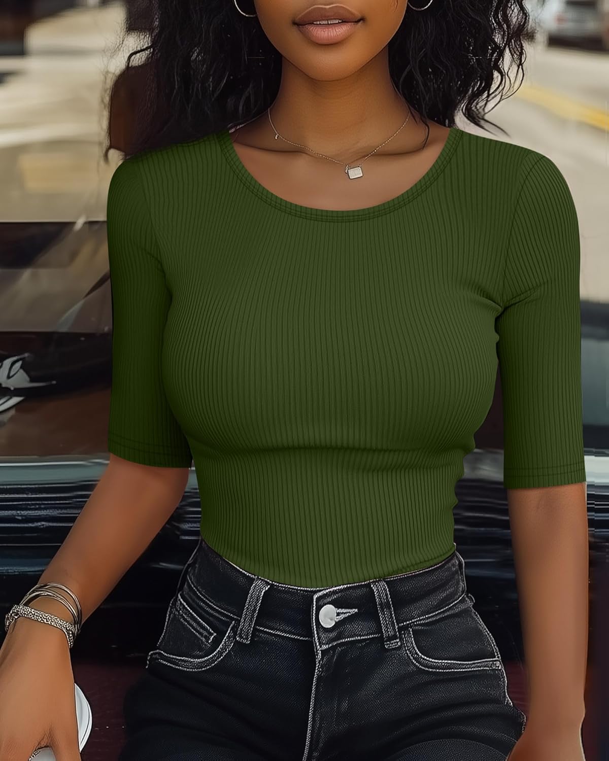 Neer 3 Pack Women's Scoop Neck Ribbed Tops Half Sleeves Shirts Slim Fitted 1/2 Sleeve Causal Basic Knit Tee - Image 3