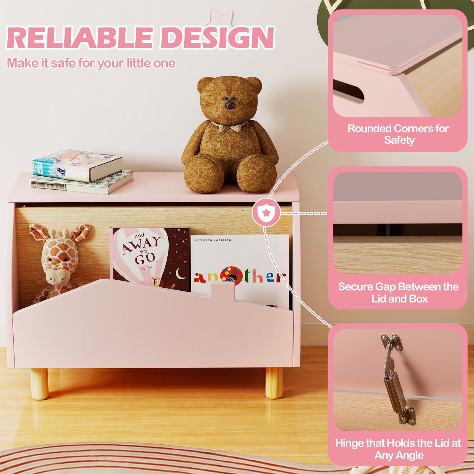 FANTASK Spielzeugkiste Holz, Spielzeugtruhe mit Deckel & offenem Regal, Aufbewahrungsbox Kinder mit großer Kapazität, Truhe zur Spielzeugaufbewahrung für Kinderzimmer & Spielzimmer, Rosa