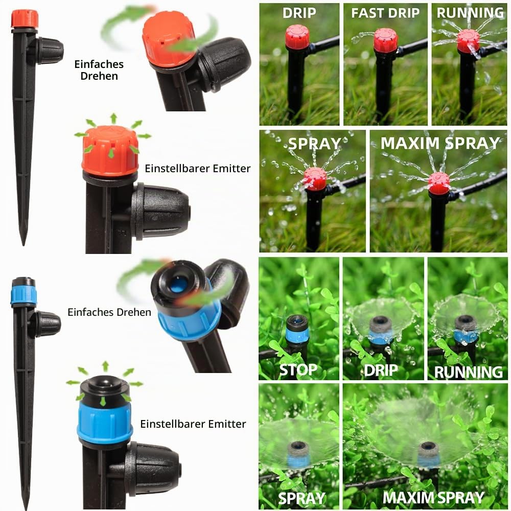 Tropfbewässerungssystem, automatische Bewässerungsausrüstung mit 17 Fuß 1/2 Zoll Schlauch, 100 Fuß 1/4 Zoll Schlauchsatz, Mikro-Tropfnebel, einstellbare Düse, Bewässerungssatz, verriegelbare Armaturen