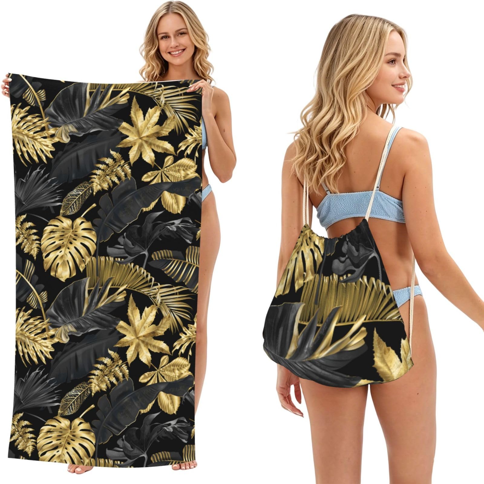 Poadnly As Picture Gold Black Tropical Leaves, 2 In 1 Packable Towel Bag, Beach Towels With Drawstring Backpack For Travel Holiday Camping