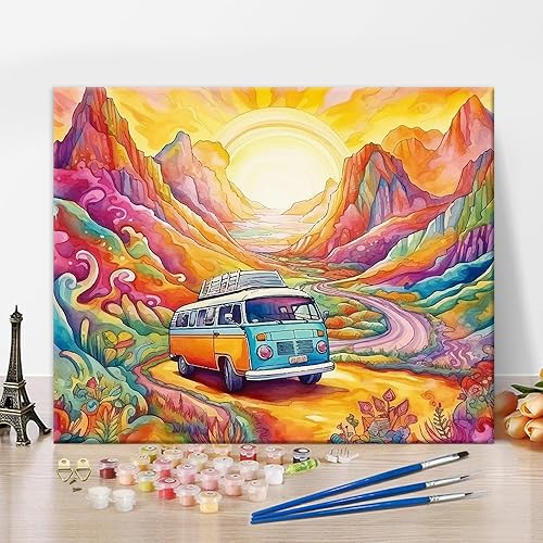 TUMOVO Kit de pintura por números de camión de acuarela para adultos, pintura colorida de paisaje por números, pintura por números de carretera de