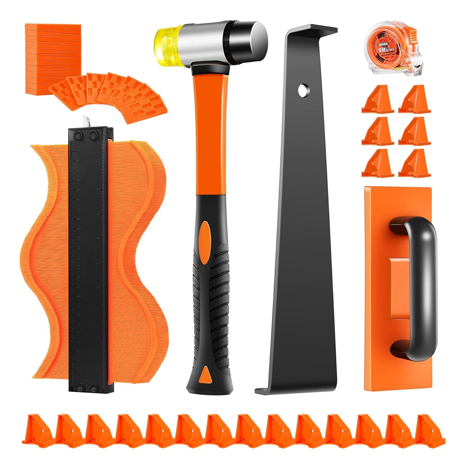 65pcs Laminate Wood Flooring Installation Kit - 10" Contour Gauge, Tapping Block with Handle, Pull Bar, Rubber Mallet, Spacers & Tape Measure for Floor Gap Fixing & LVT Tools
