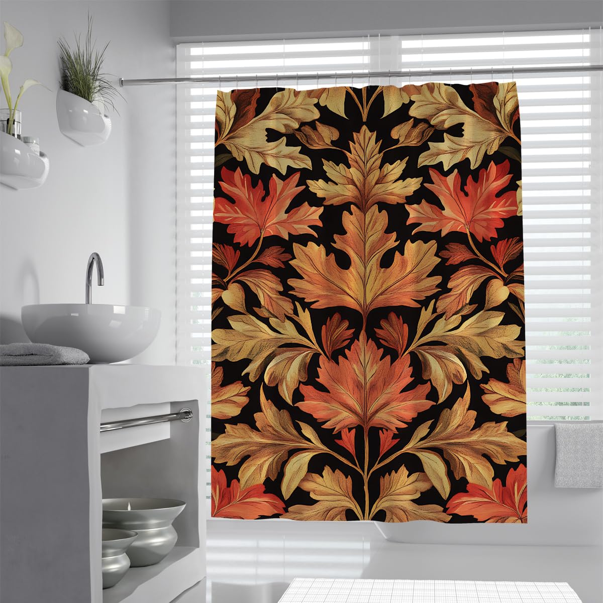 OLLIAR Home Fall Leaves Shower Curtains for Bathroom Rustic Symmetrical Plant Leaf Autumn Bathroom Curtain with Hooks Waterproof Fabric Curtains Shower Set 180x220