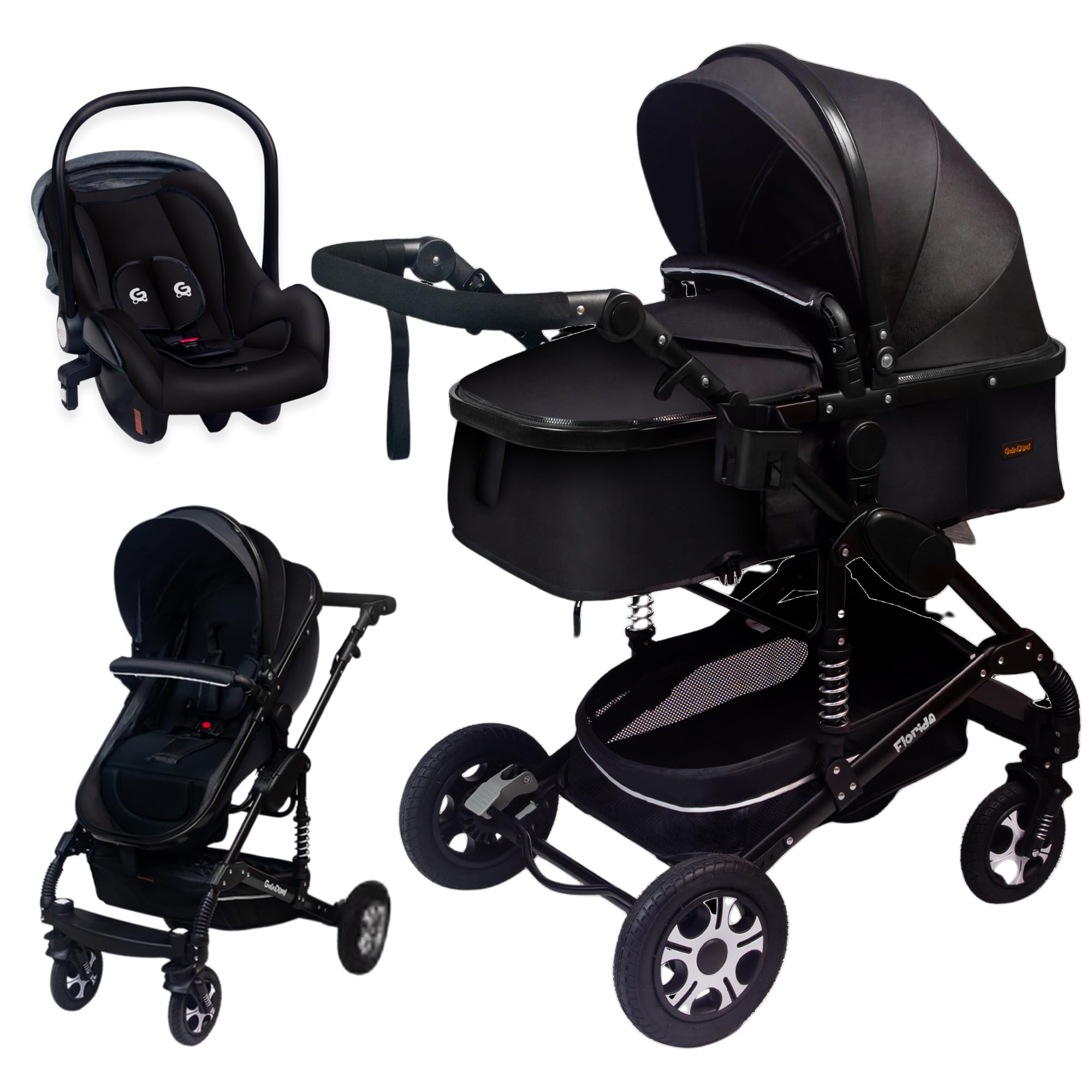 GaGaDumi Florida Kinderwagen 3 in 1 Komplettset mit Autositz - Baby Stroller TÜV - Kombikinderwagen Komplettset Voll-Gummireifen - Wickeltasche Schwarz/Schwarz