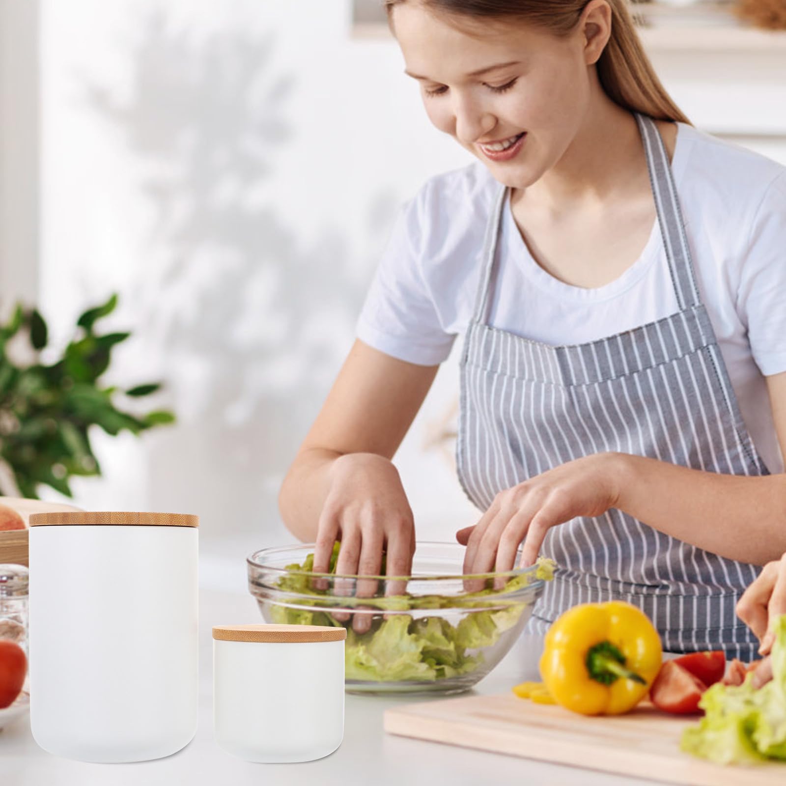Operitacx 2 Piezas Tarro de Cerámica Hermético para Almacenar Granos y Especias en Cocina, con Tapa de Bambú, Capacidad 800ml y 260ml, Color Blanco Adecuado para Organizar Alimentos