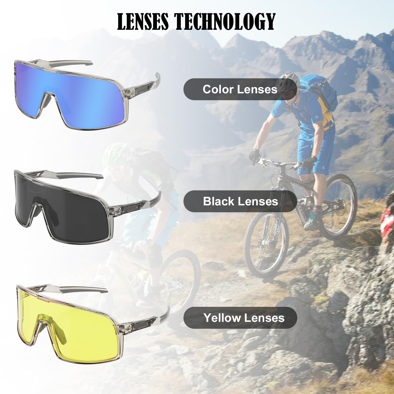 Polarisierte Fahrradbrille, Sportsonnenbrille mit 3 Wechselgläsern, beschlagfreie Brille mit TR90-Vollrandrahmen für Damen und Herren zum Wandern, Angeln, Baseball und Golfen