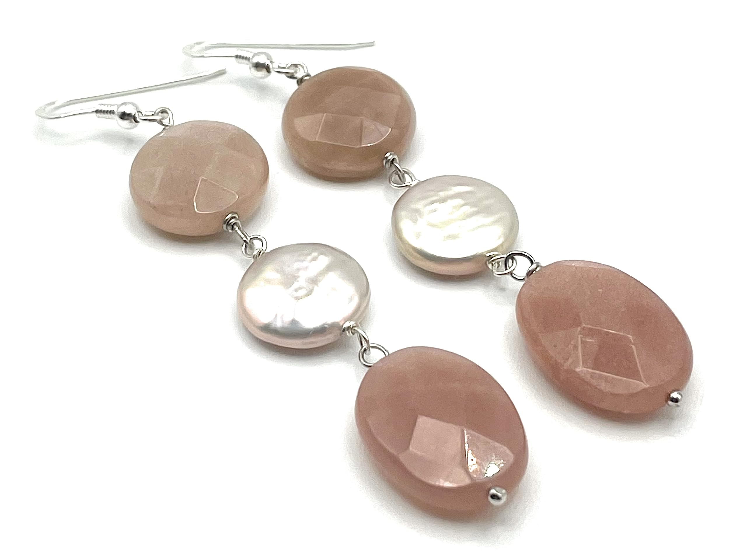HandmadeSunstone Earrings with Freshwater Pink Pearls, 925 Sterling Silver, Gemstone Jewellery, Summer Bijoux, Birthday Gift for Her, Made in Italy