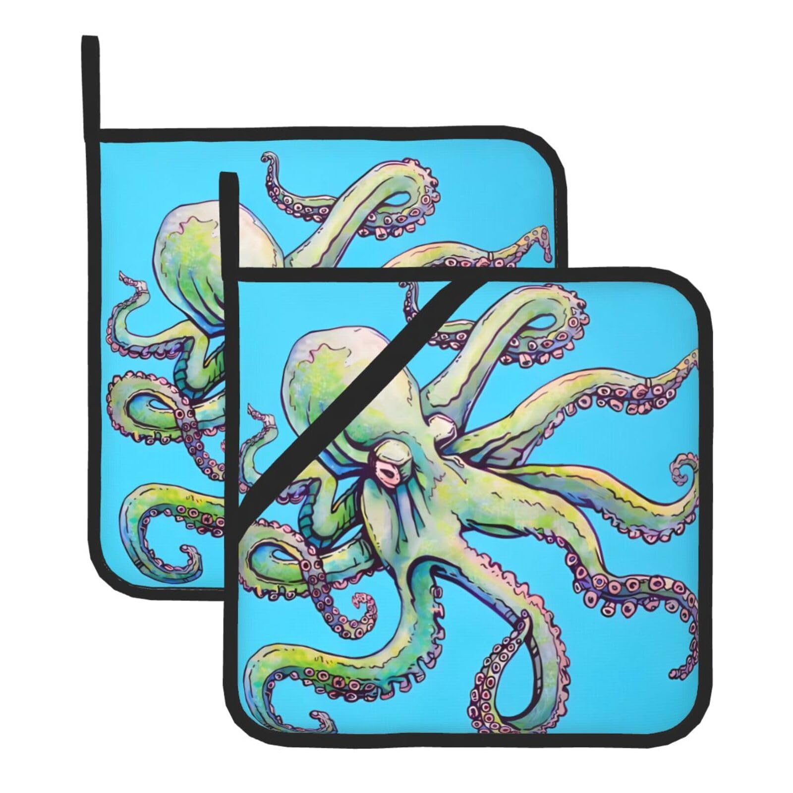WHJSSF Octopus Design Prints Square Pot Holders - Heat Resistant Kitchen Trivets 2-Pack - Waterproof Covers for Hot Dishes, Oven & Grill with Hanging Loop
