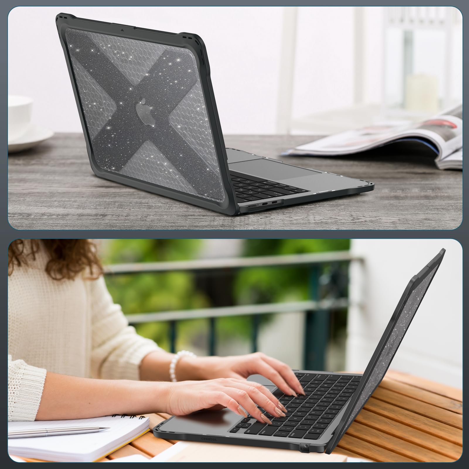 FINTIE Custodia Compatibile con MacBook Air 13.6 Pollici M5/M4/M3/M2 (2026/2025/2024/2022, A3449/A3240/A3113/A2681), Antiurto Robusto Case con Bordo in TPU, Glittering Nero