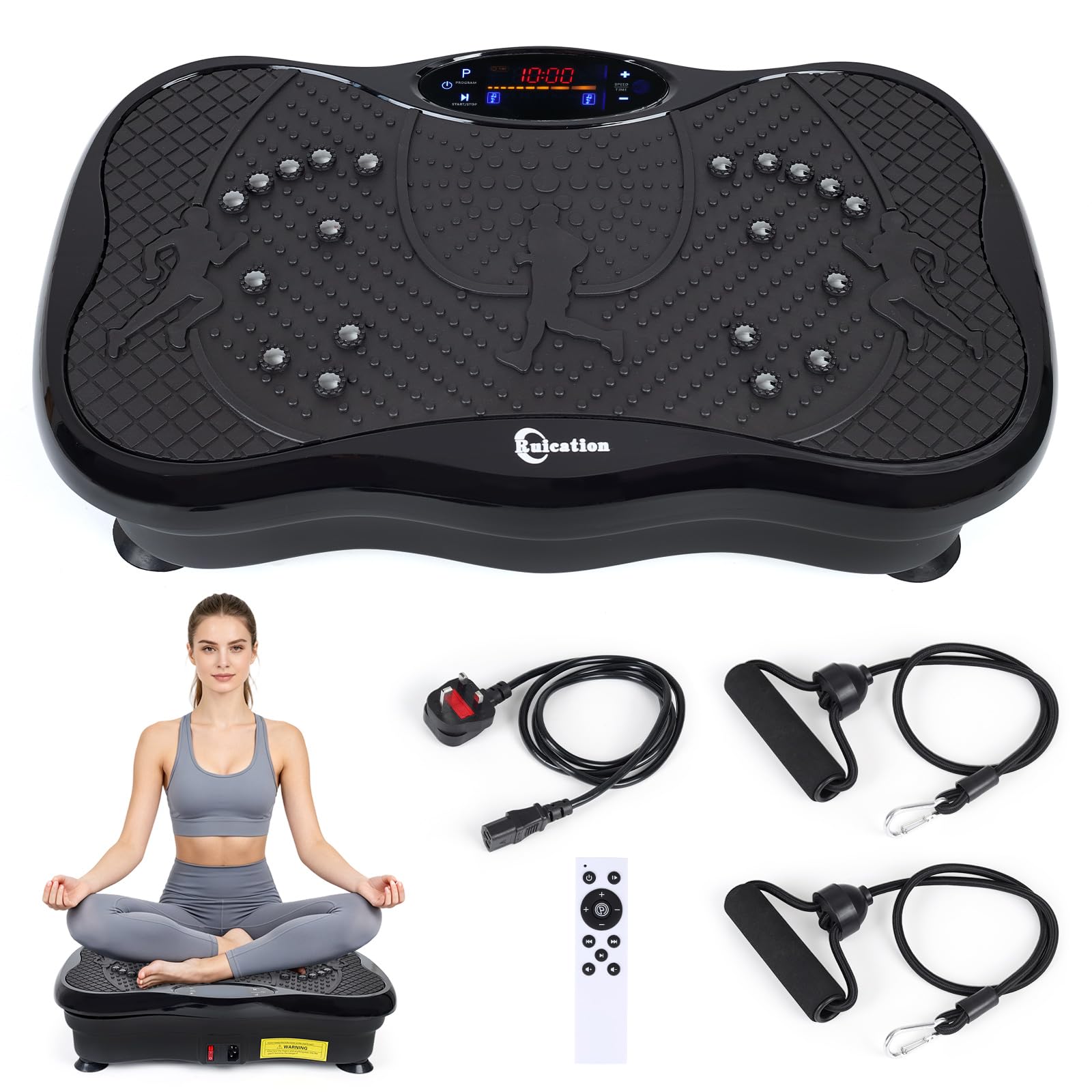 Ruication Vibration Plate Exercise Machine, Vibration Fitness Trainer with Bluetooth Speaker and Resistance Bands, Auto or Manual Speed Control, Home Exercise Equipment for Fitness Body Toning Black