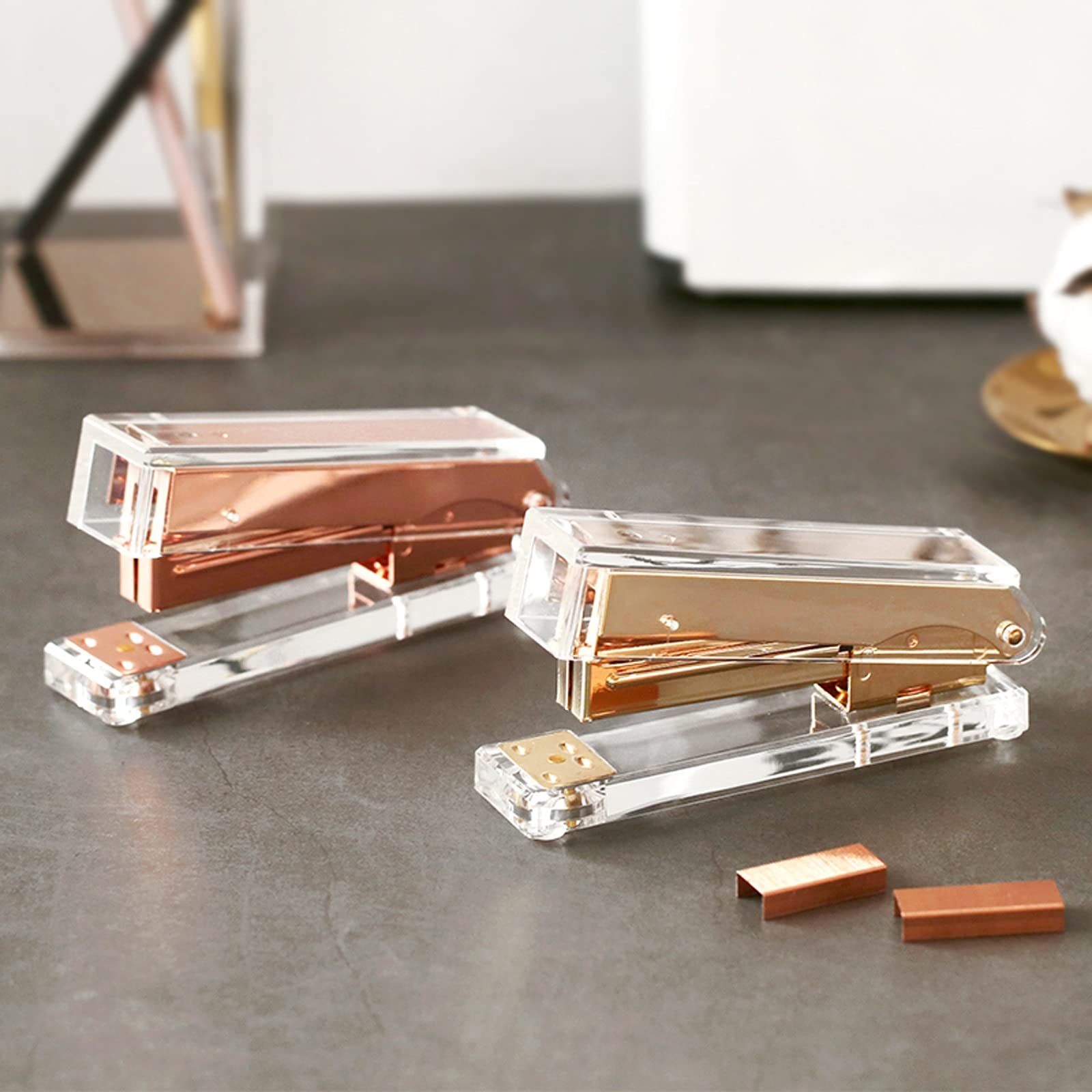 TOMYEUS Hefter Hefter Handheld Hefter Metall Acryl Hefter 24/6 26/6 Fügen Sie 1000 stücke Heftklammern Home Office Supplies Rose Gold Gold Heftklammern (Color : Rose Gold Stapler)