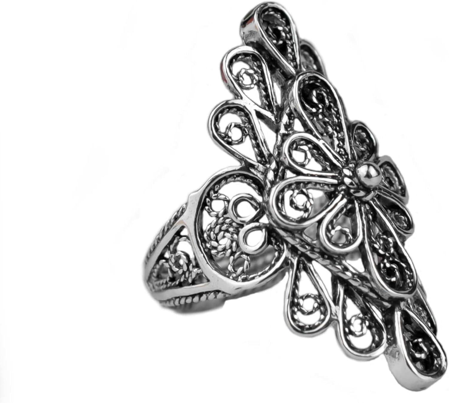 Filigranist 925 Sterling Silver Artisan Made Handcrafted Lace Embroidery Filigree Art Flower Theme Woman Cocktail Statement Ring