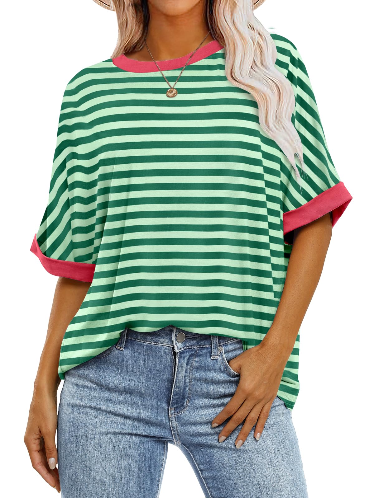 ANRABESSWomen's Striped Oversized T Shirts Short Sleeve Crewneck Summer Tops Casual Loose Basic Tees 2024 Trendy Clothes
