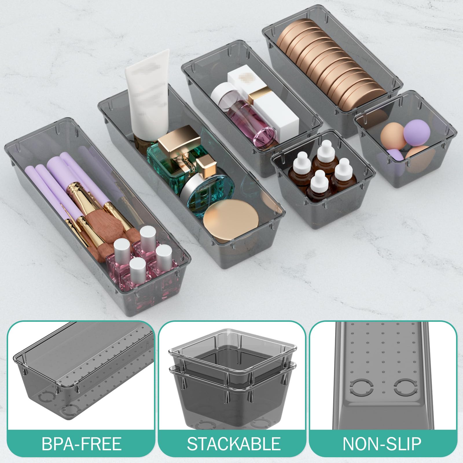WOWBOX Juego de 6 organizadores de cajones transparentes, bandejas de almacenamiento de cajones de acrílico, contenedores de almacenamiento para maquillaje, cosméticos, joyas, utensilios,