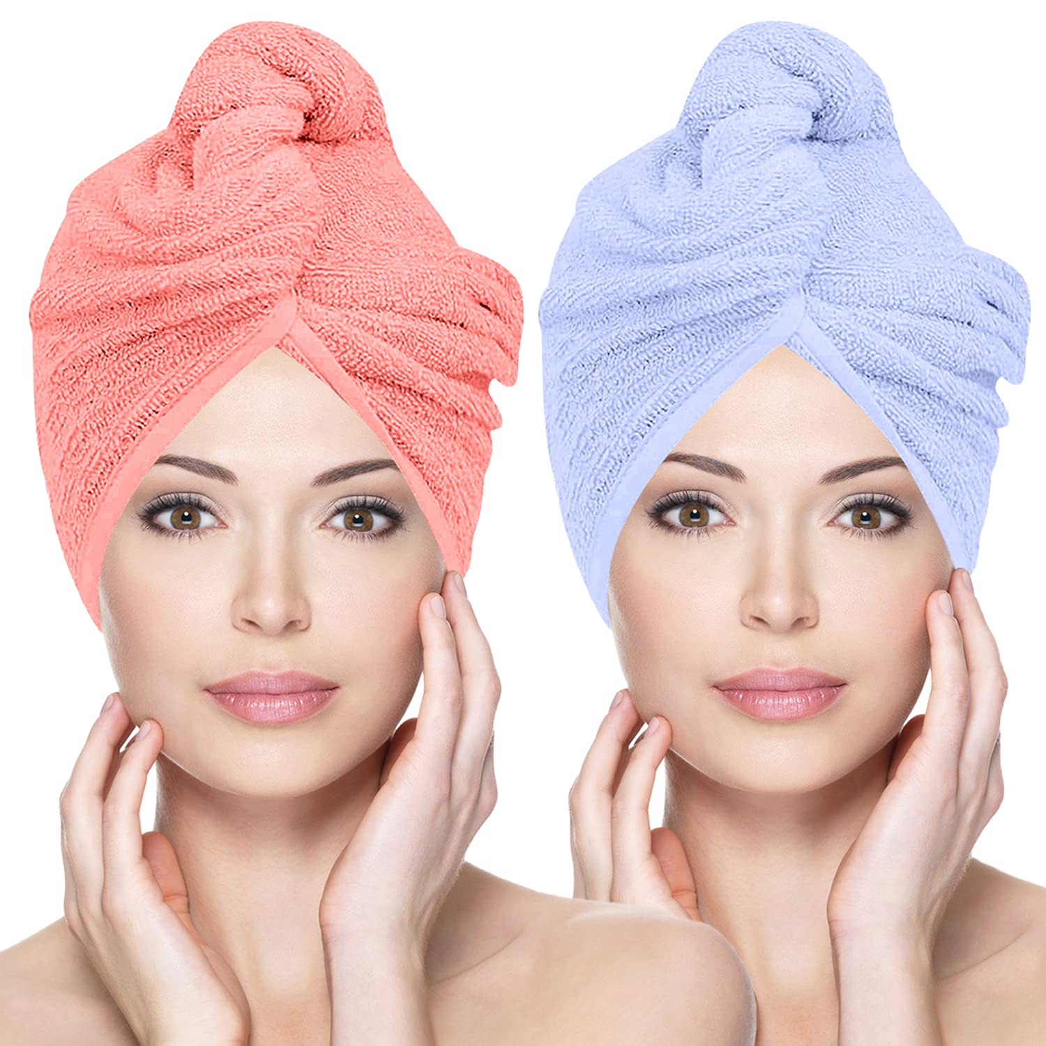 Glamza 2 Pack (Large) - Pink & Blue Microfibre Hair Towel Wrap Super Absorbing Twist Turban Hair Wrap With Buttons For Fast Drying Hair (2 Pack (Large) - Pink & Blue)